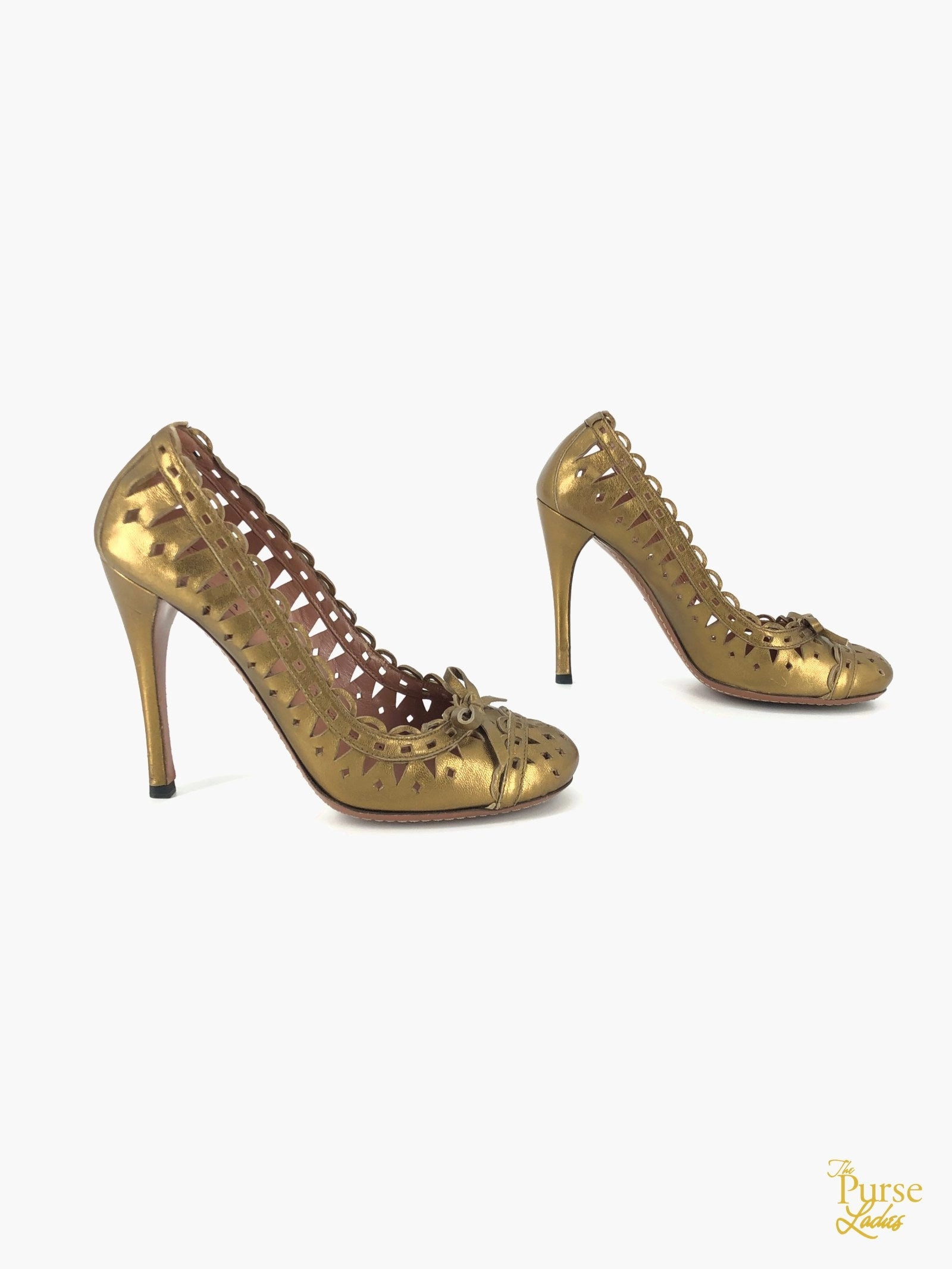 ALAIA Gold Metallic Laser Cut Leather Pumps SZ 37