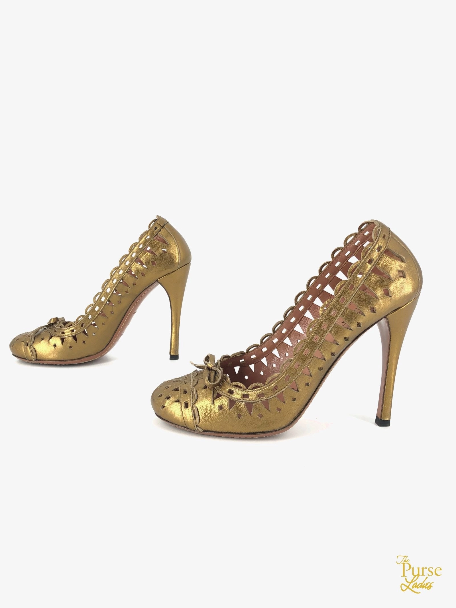 ALAIA Gold Metallic Laser Cut Leather Pumps SZ 37