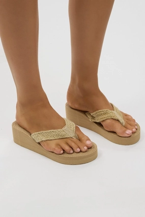 Beige Toe Post Wedge Sandals