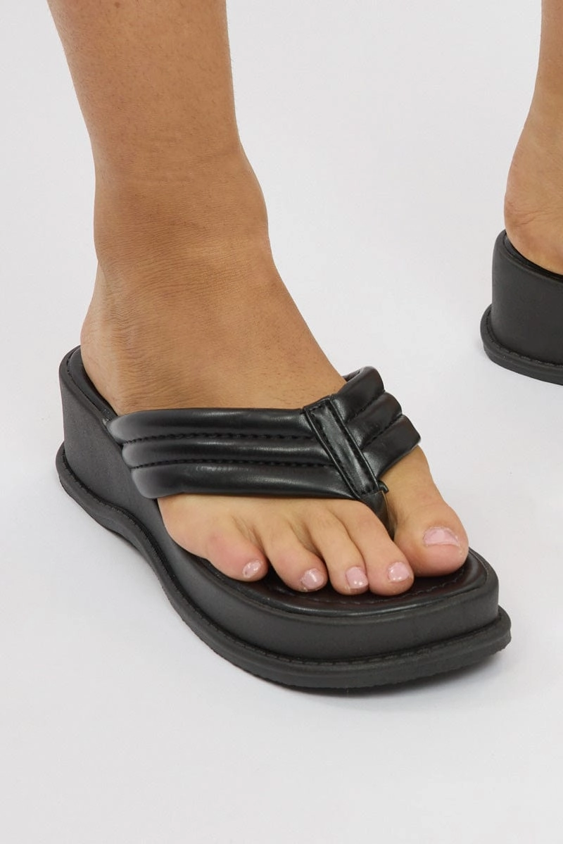 Black Toe Post Wedge Sandals
