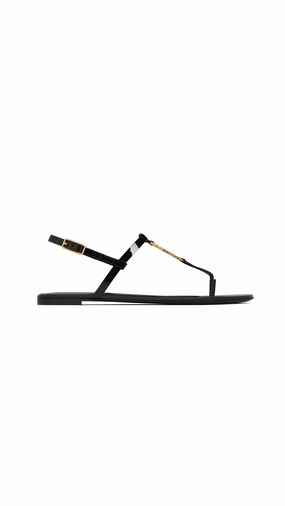 Cassandra Flat Sandals In Patent Leather With Gold-tone Monogram - Black