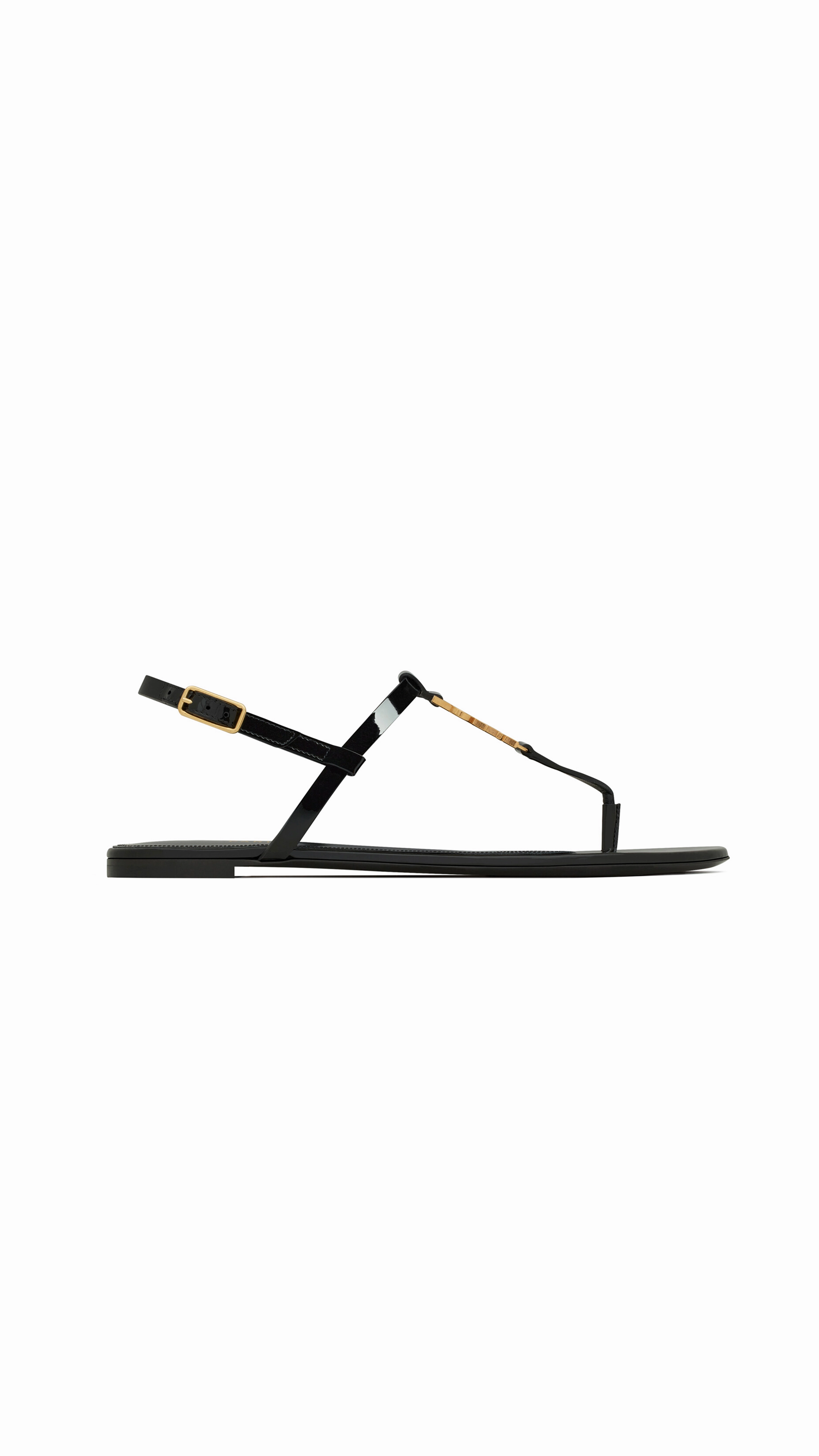 Cassandra Flat Sandals In Patent Leather With Gold-tone Monogram - Black