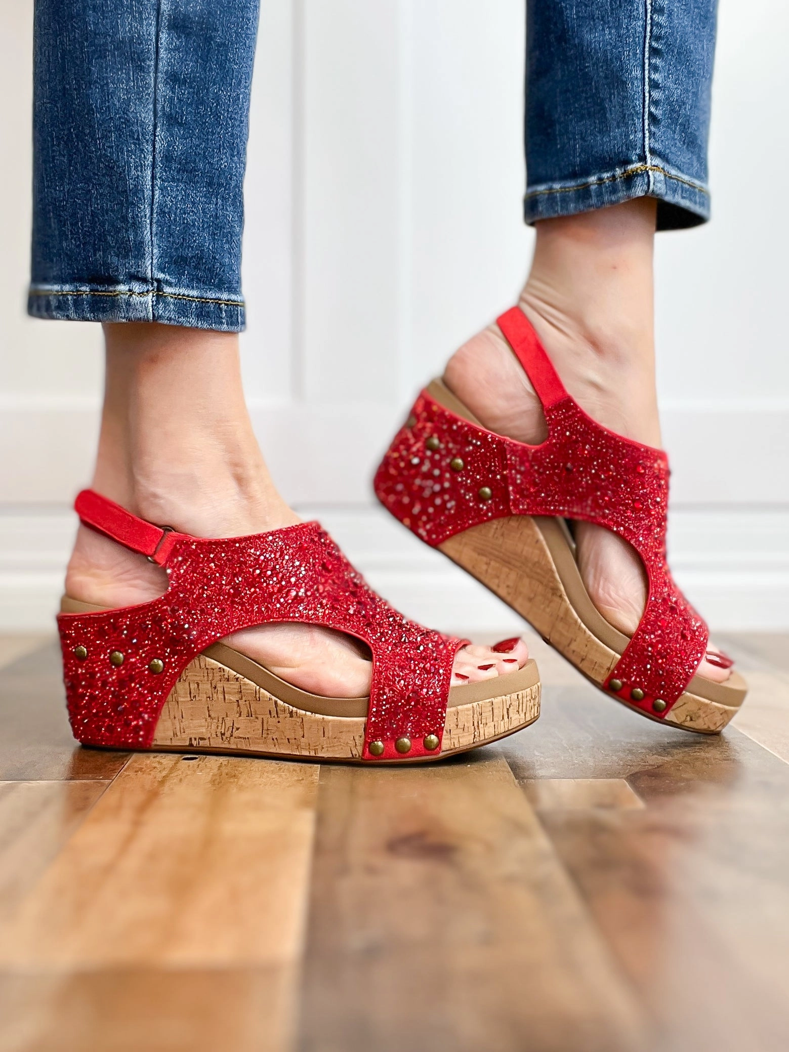 Corkys Ashley Wedge Sandals in Red Rhinestones