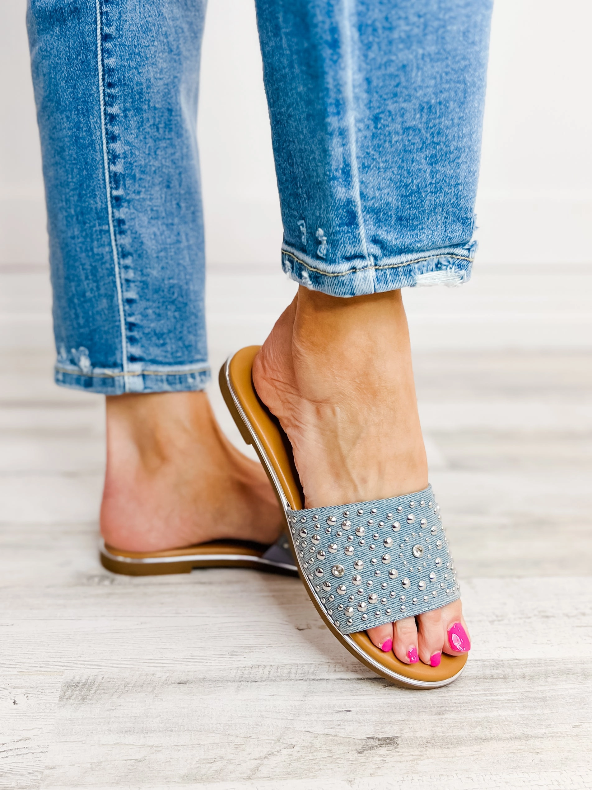 Corkys Bail Money Slip-On Slide Sandals in Blue Denim