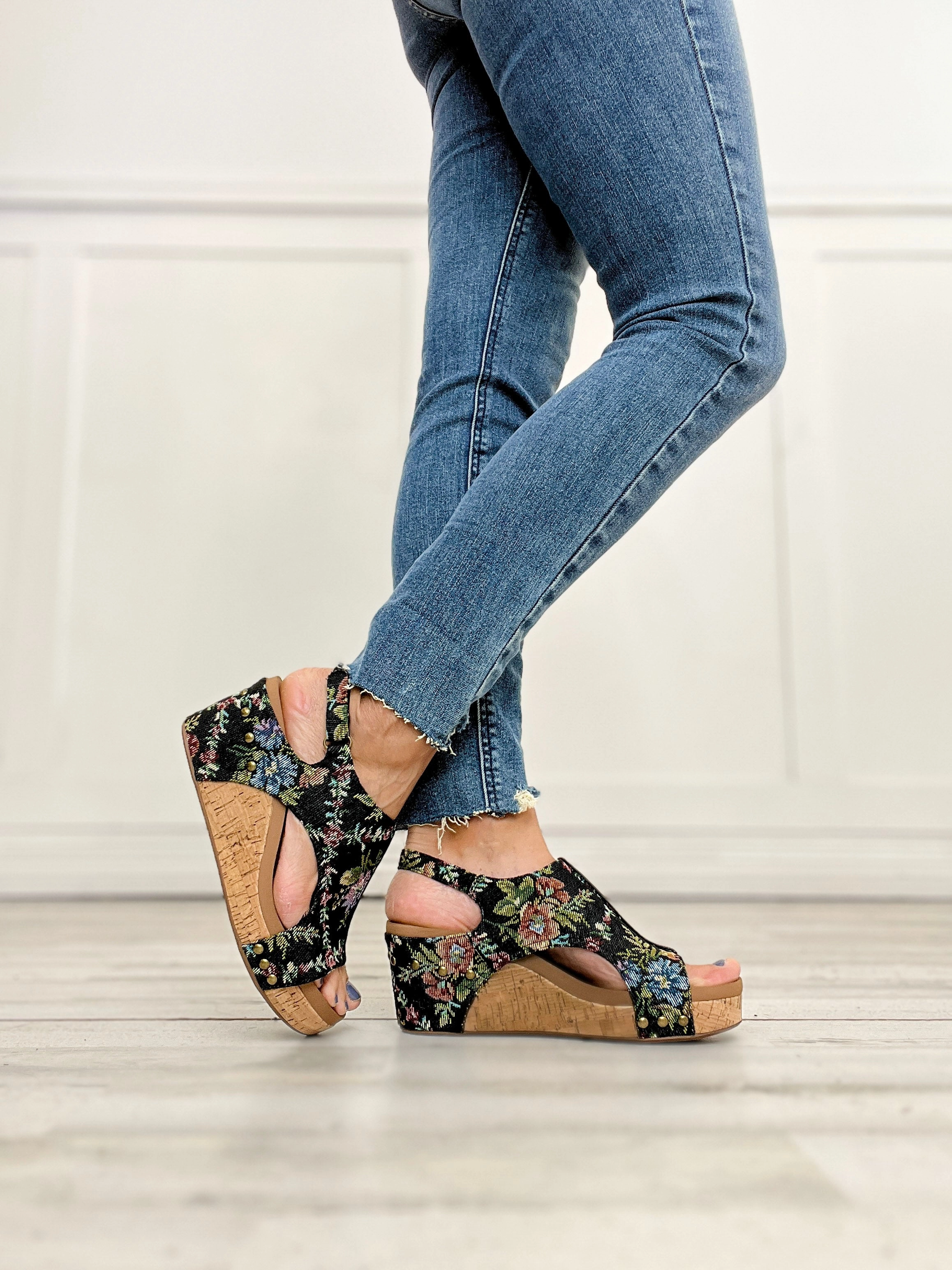 Corkys Carley BLACK BROCADE FLORAL Wedges