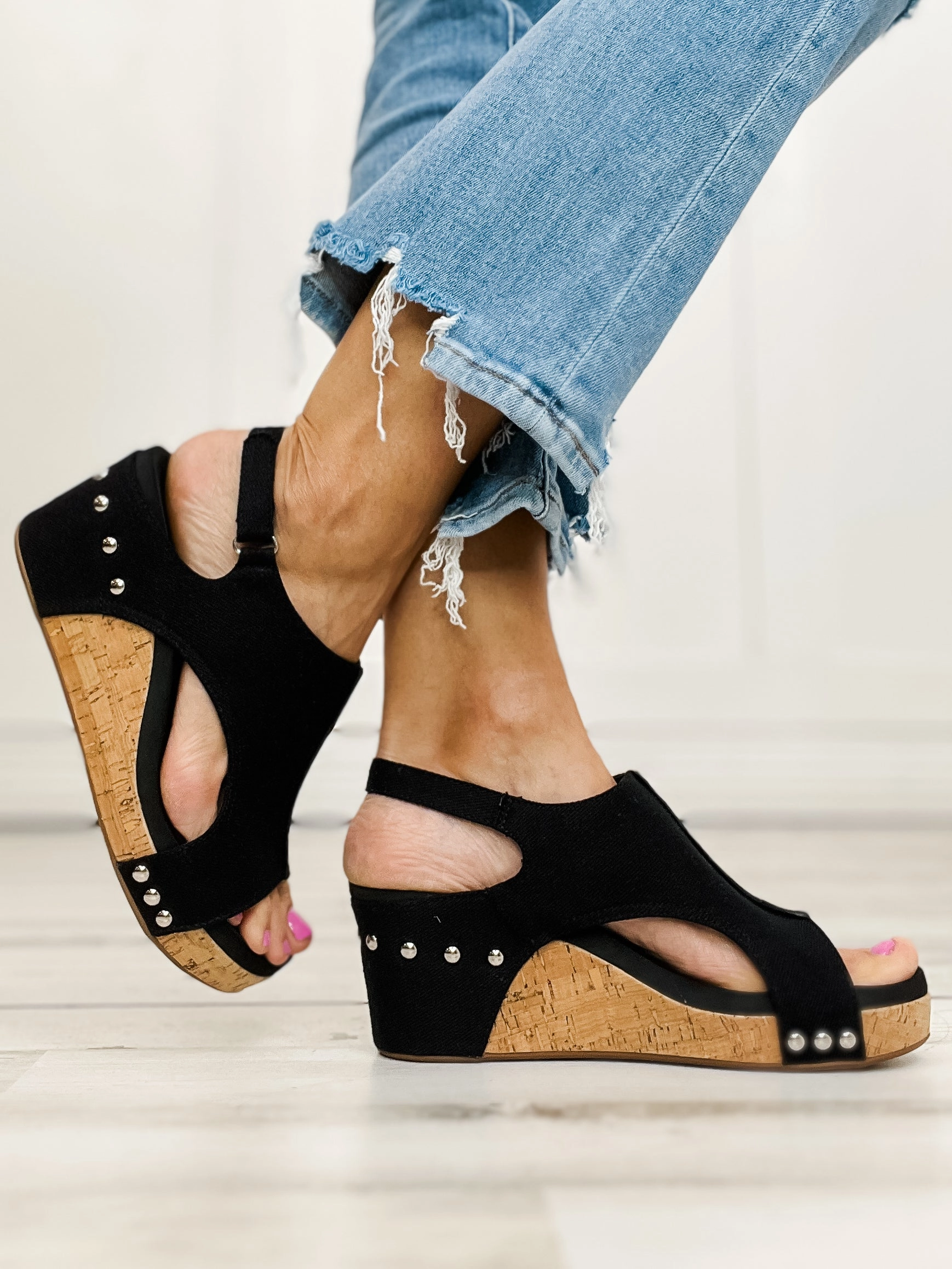 Corkys Carley Black Canvas Wedge Shoe