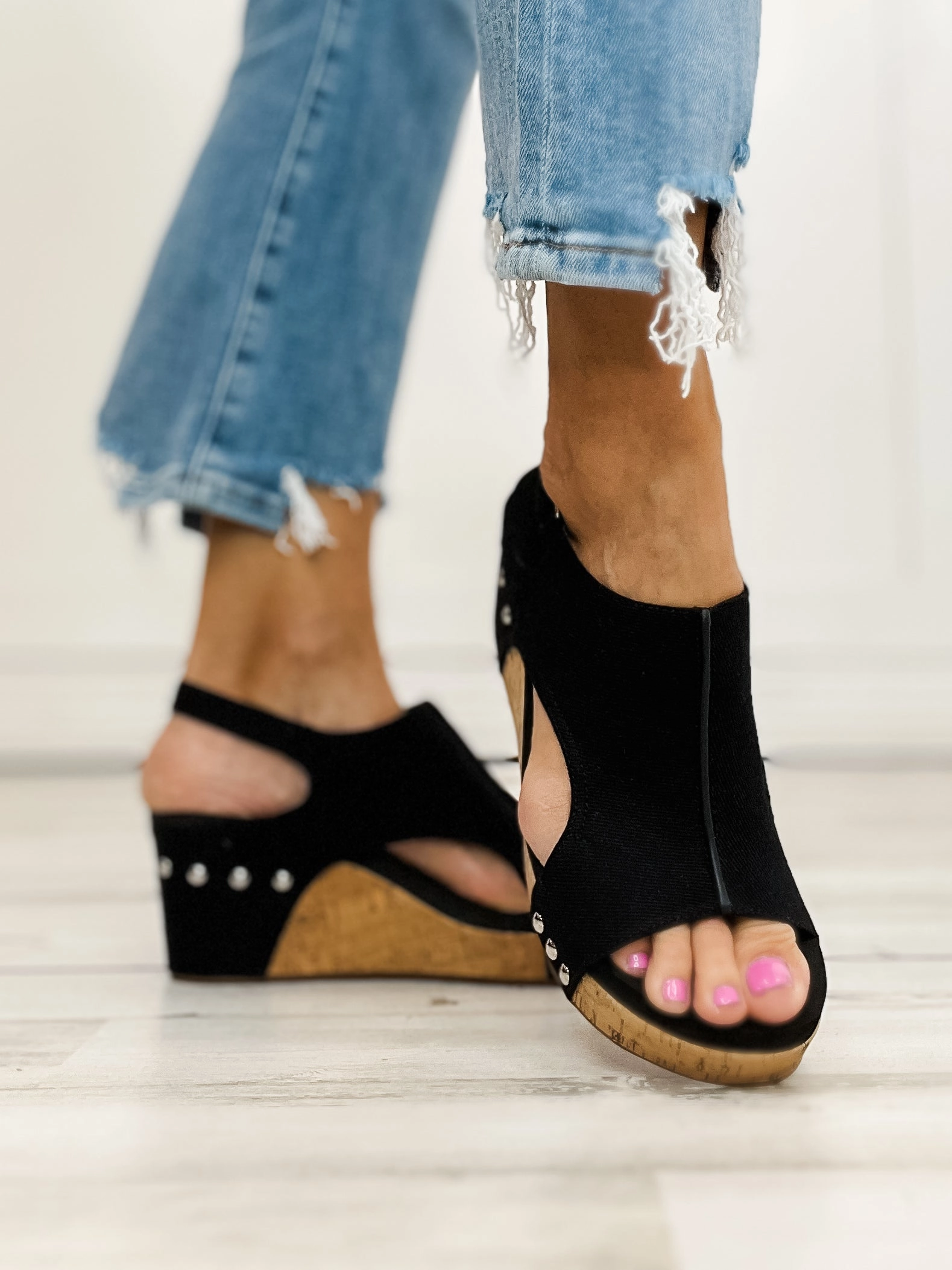 Corkys Carley Black Canvas Wedge Shoe