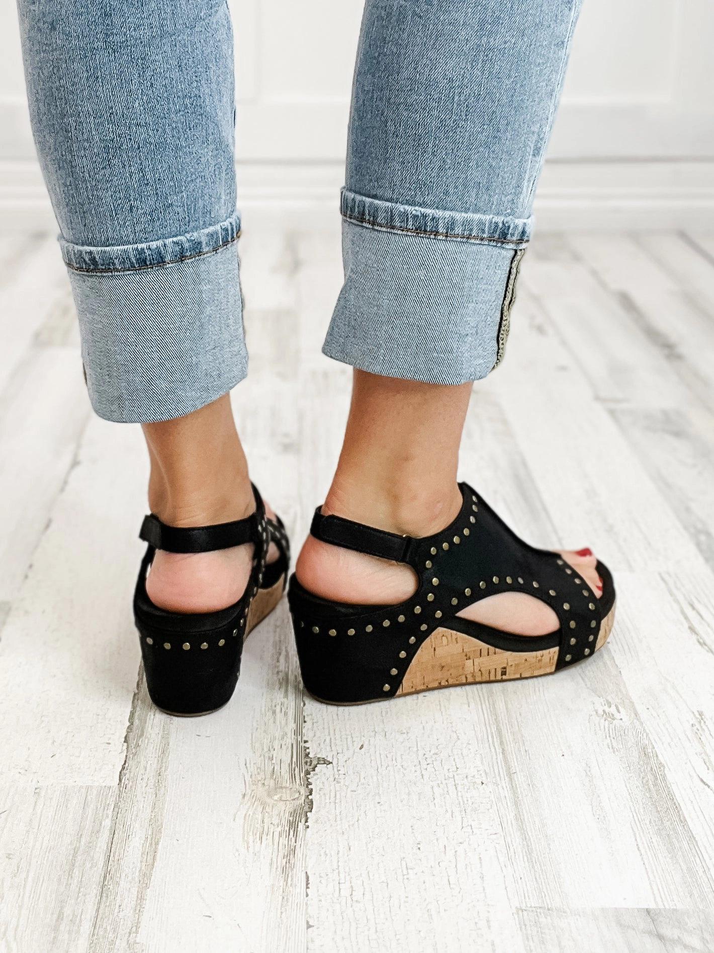 Corkys Carley Black Oil PU Studs Wedge Shoe