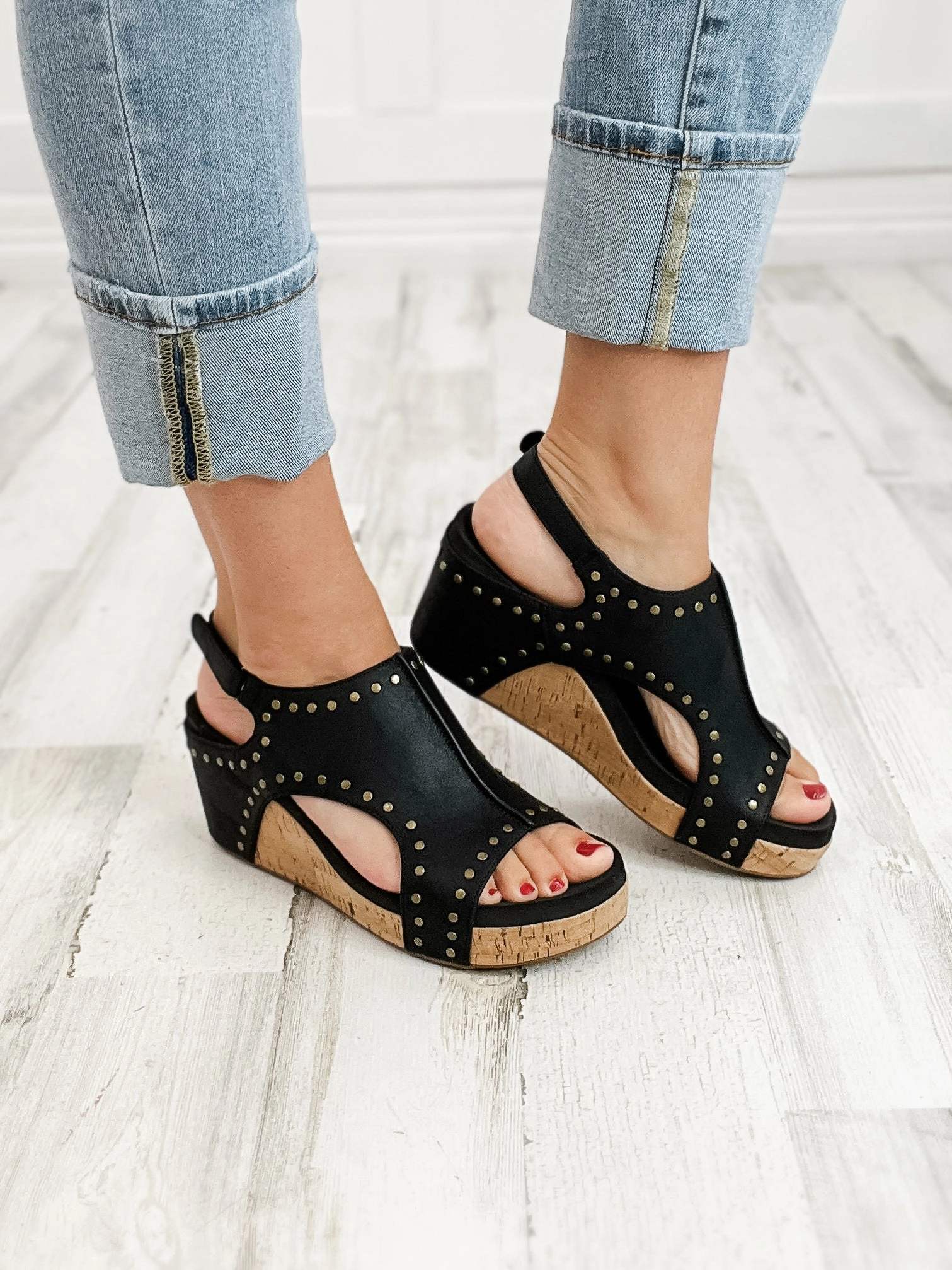 Corkys Carley Black Oil PU Studs Wedge Shoe
