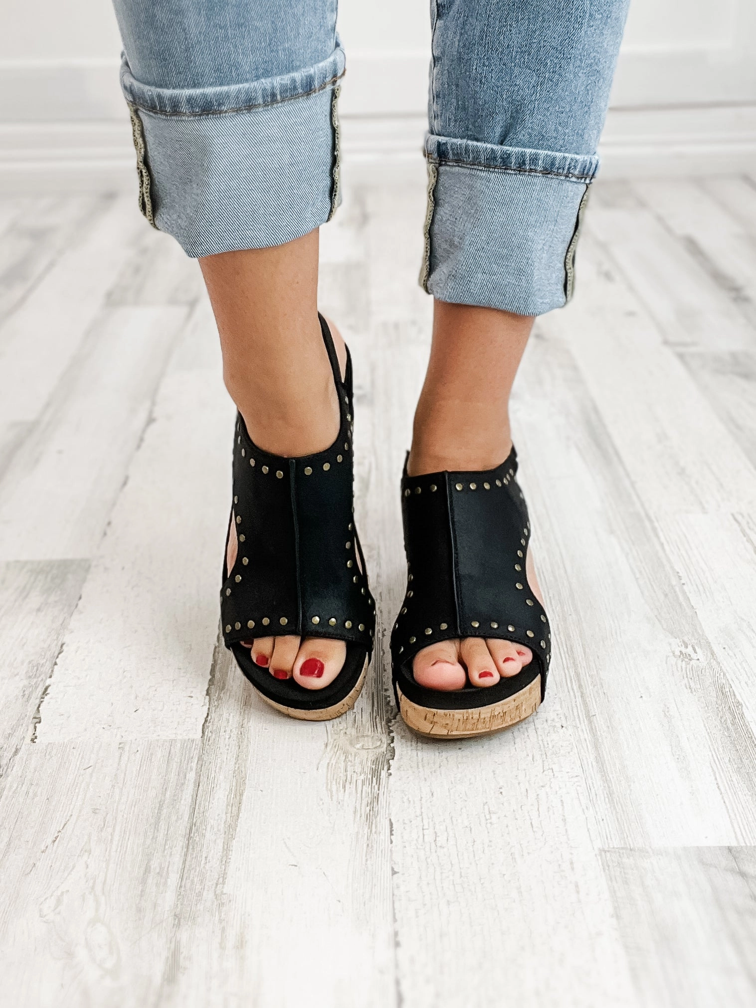 Corkys Carley Black Oil PU Studs Wedge Shoe