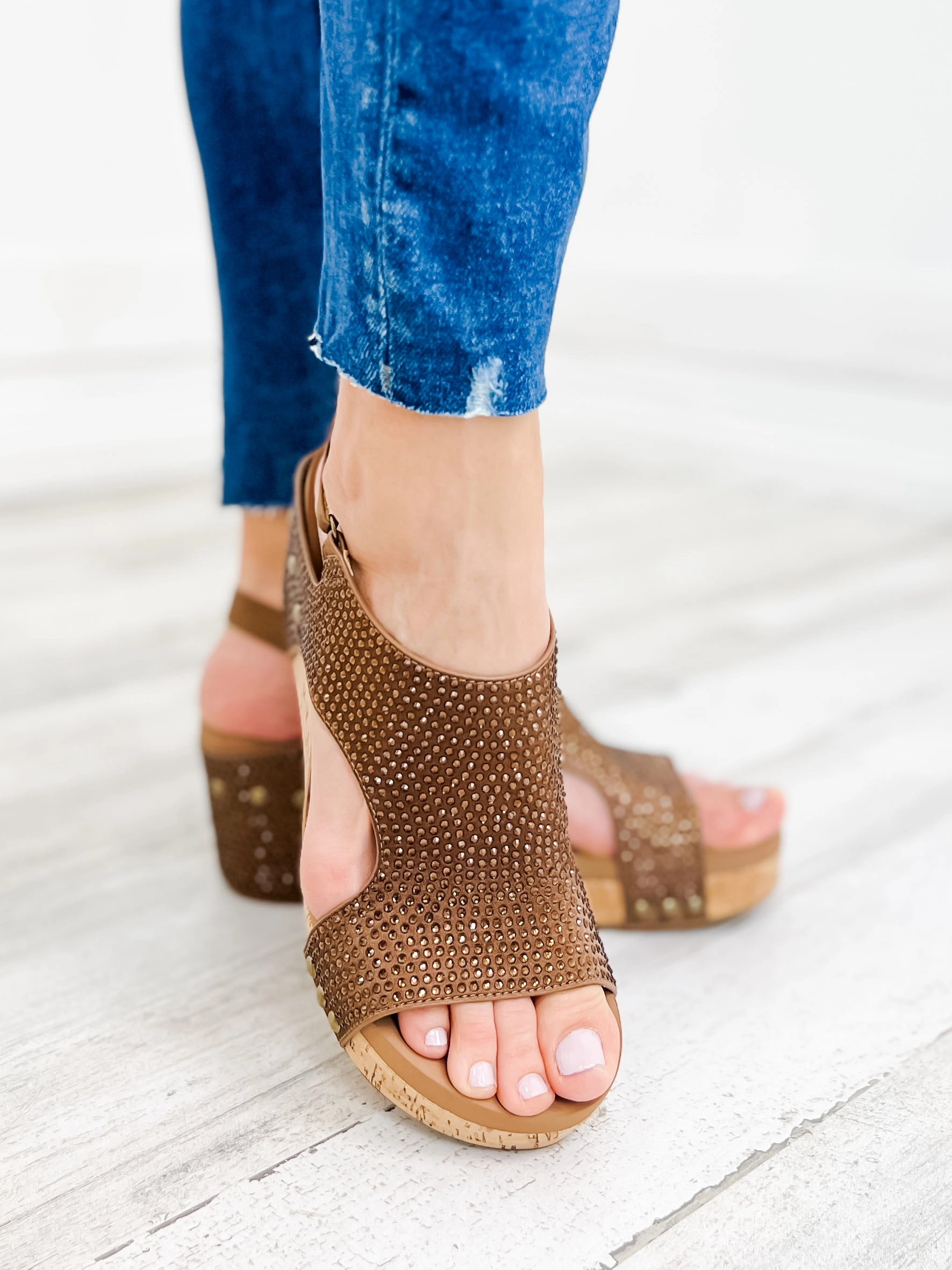 Corkys Carley Brown Crystal Wedge Sandal