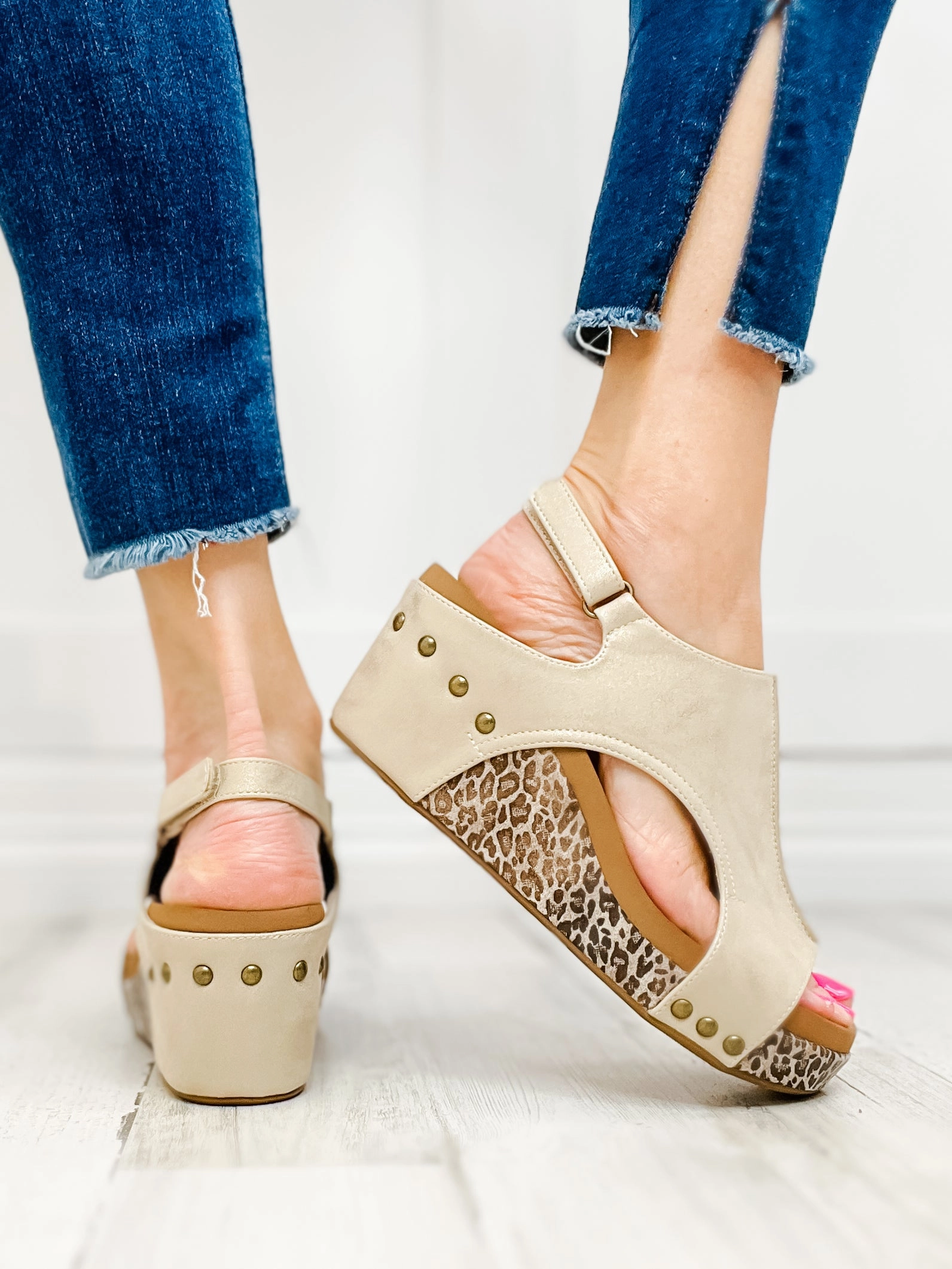 Corkys Carley Gold Metallic Leopard Wedge Sandal