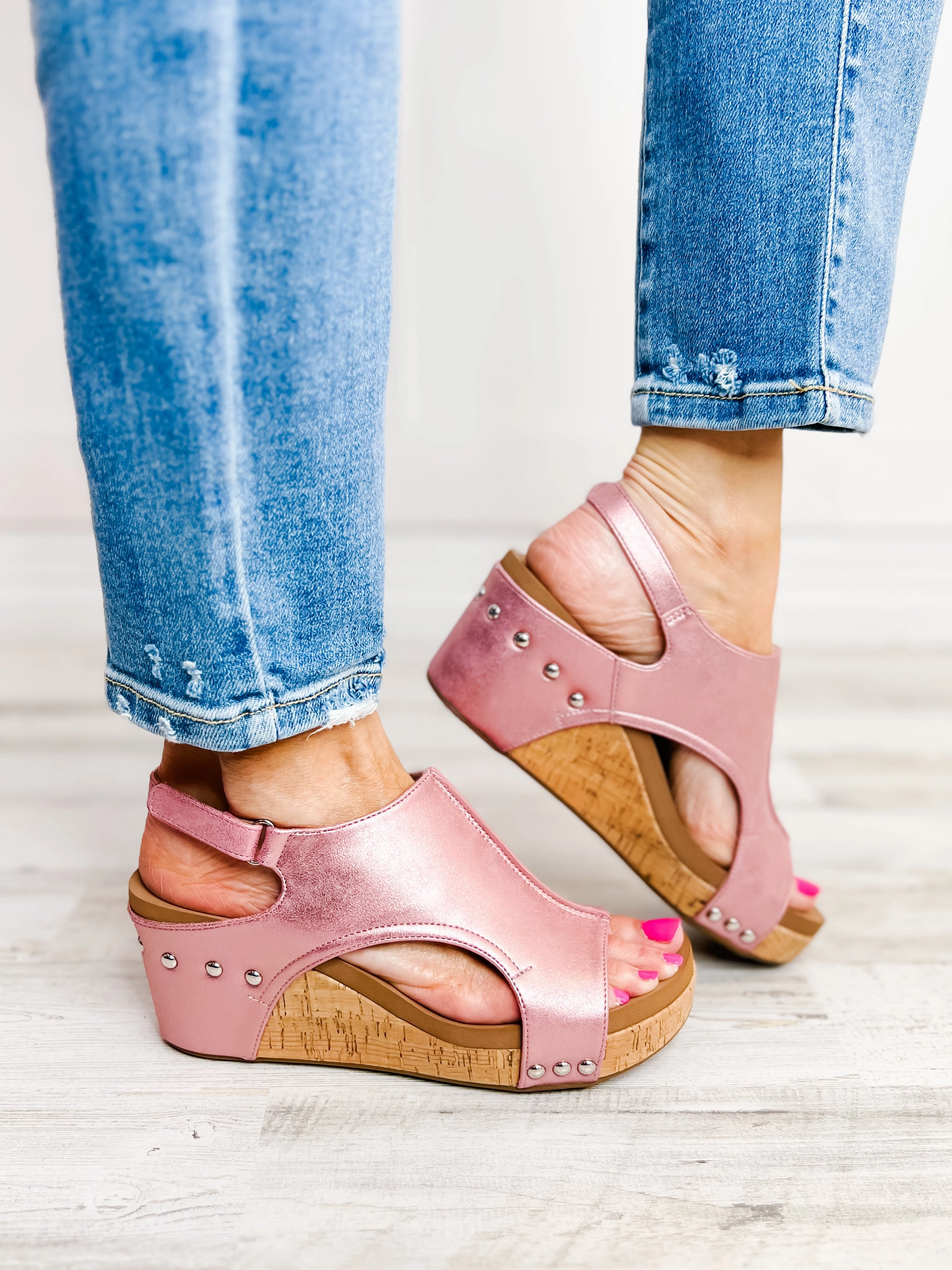 Corkys Carley Light Pink Metallic Wedge Shoes