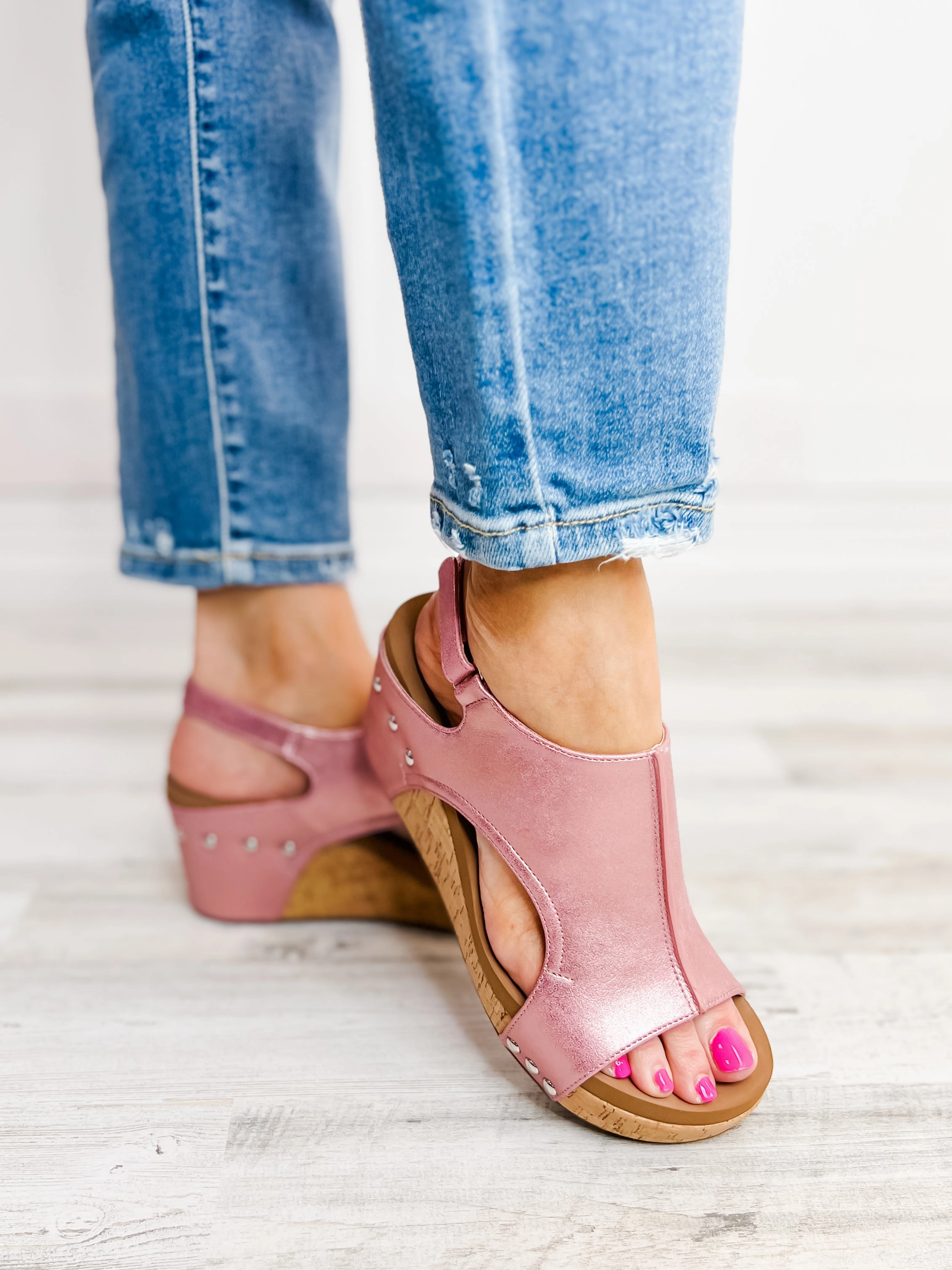 Corkys Carley Light Pink Metallic Wedge Shoes