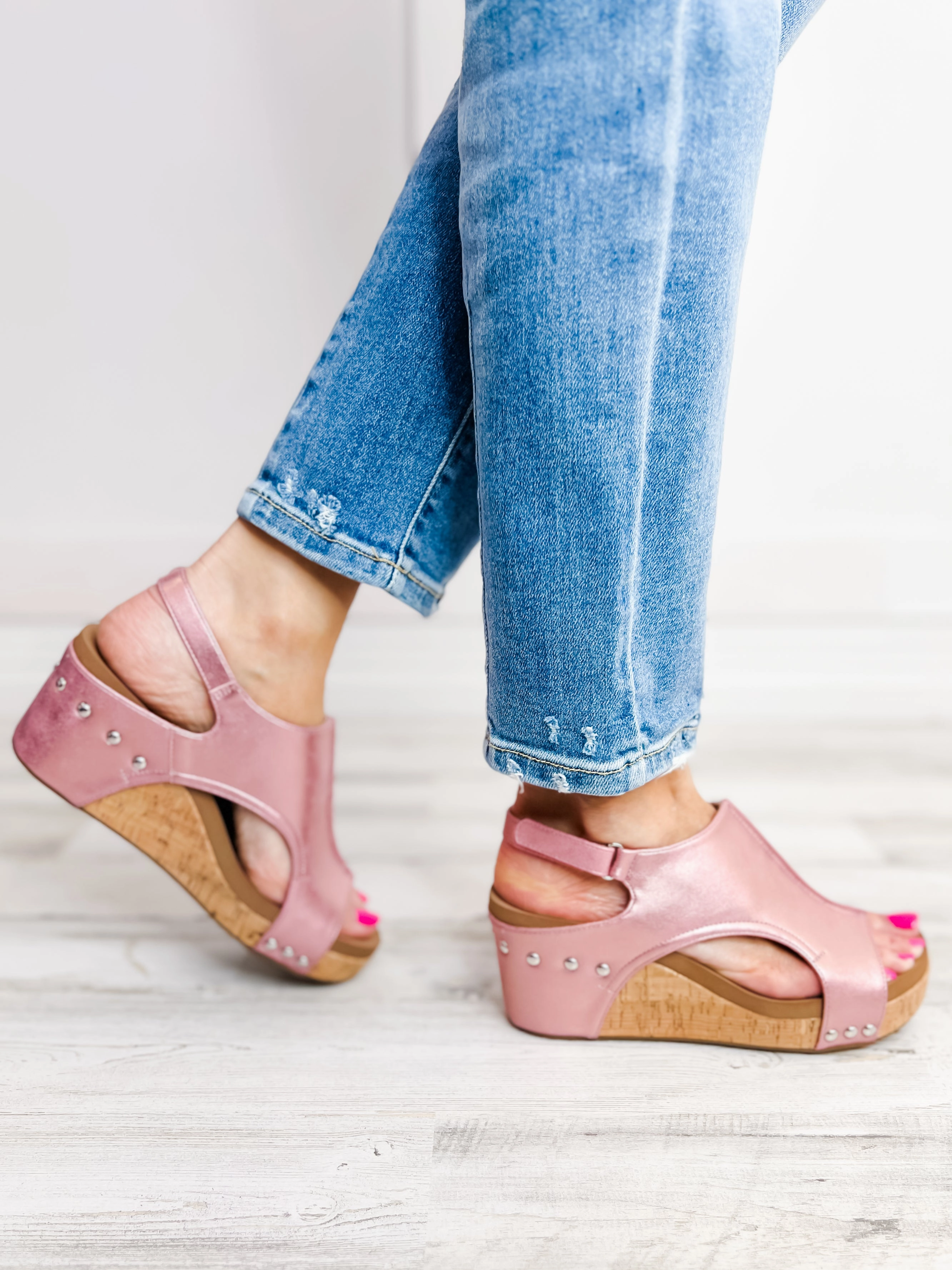 Corkys Carley Light Pink Metallic Wedge Shoes
