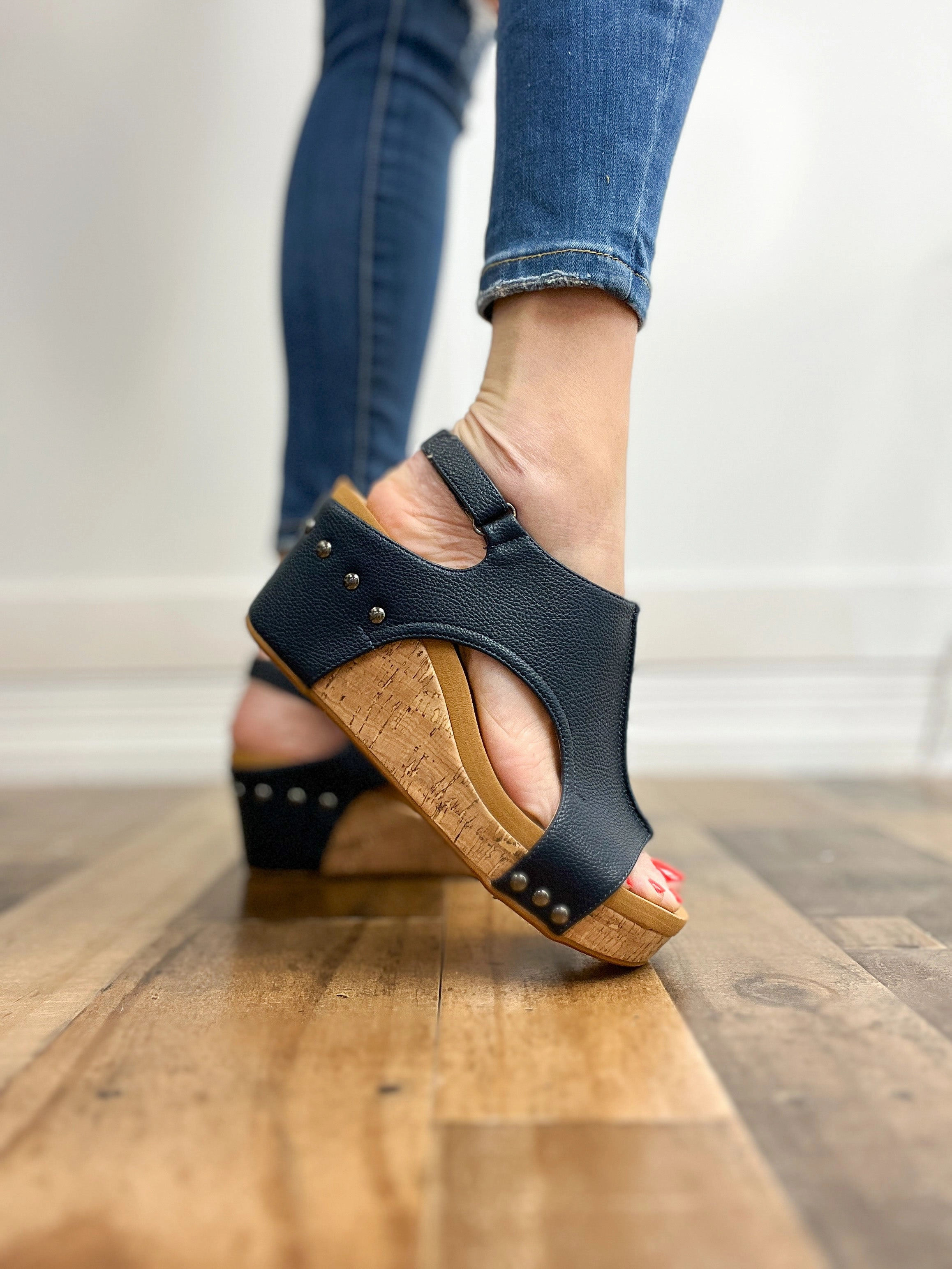 Corkys Carley Navy Pebbled Leather Wedge Shoe