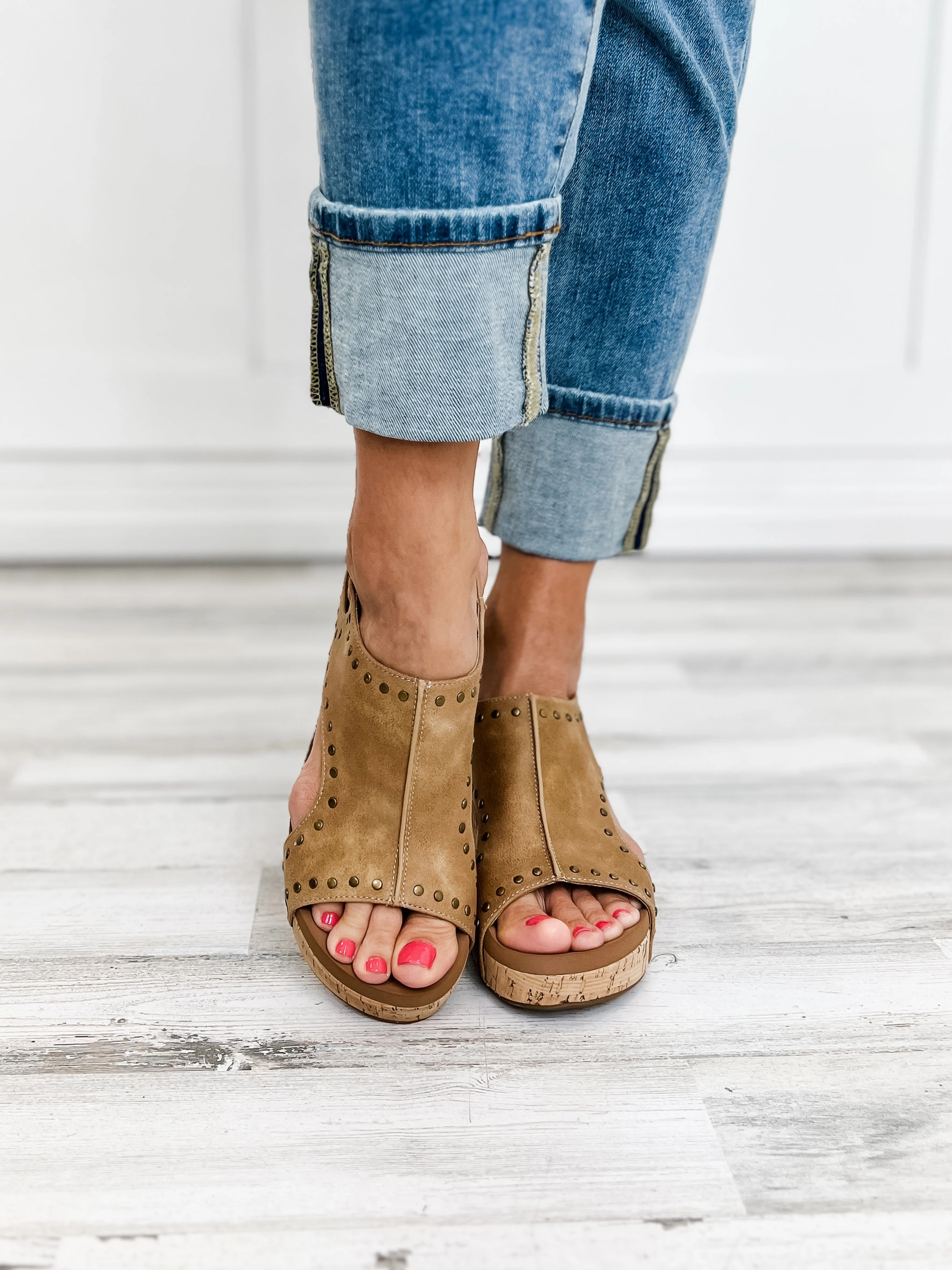 Corkys Carley Taupe Oil PU Studs Wedge Shoe