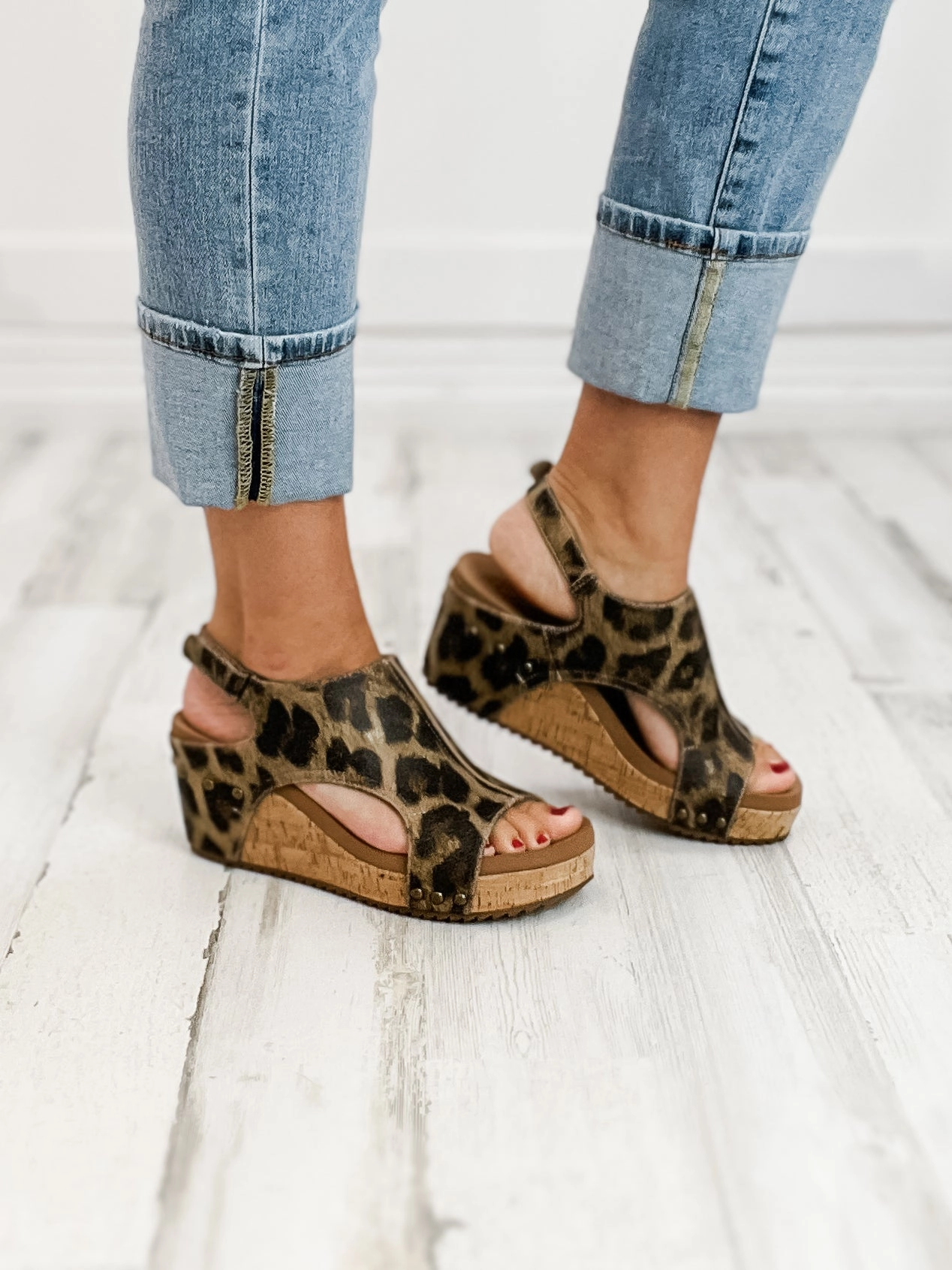 Corkys Carley Washed Cognac Leopard Wedge Shoe
