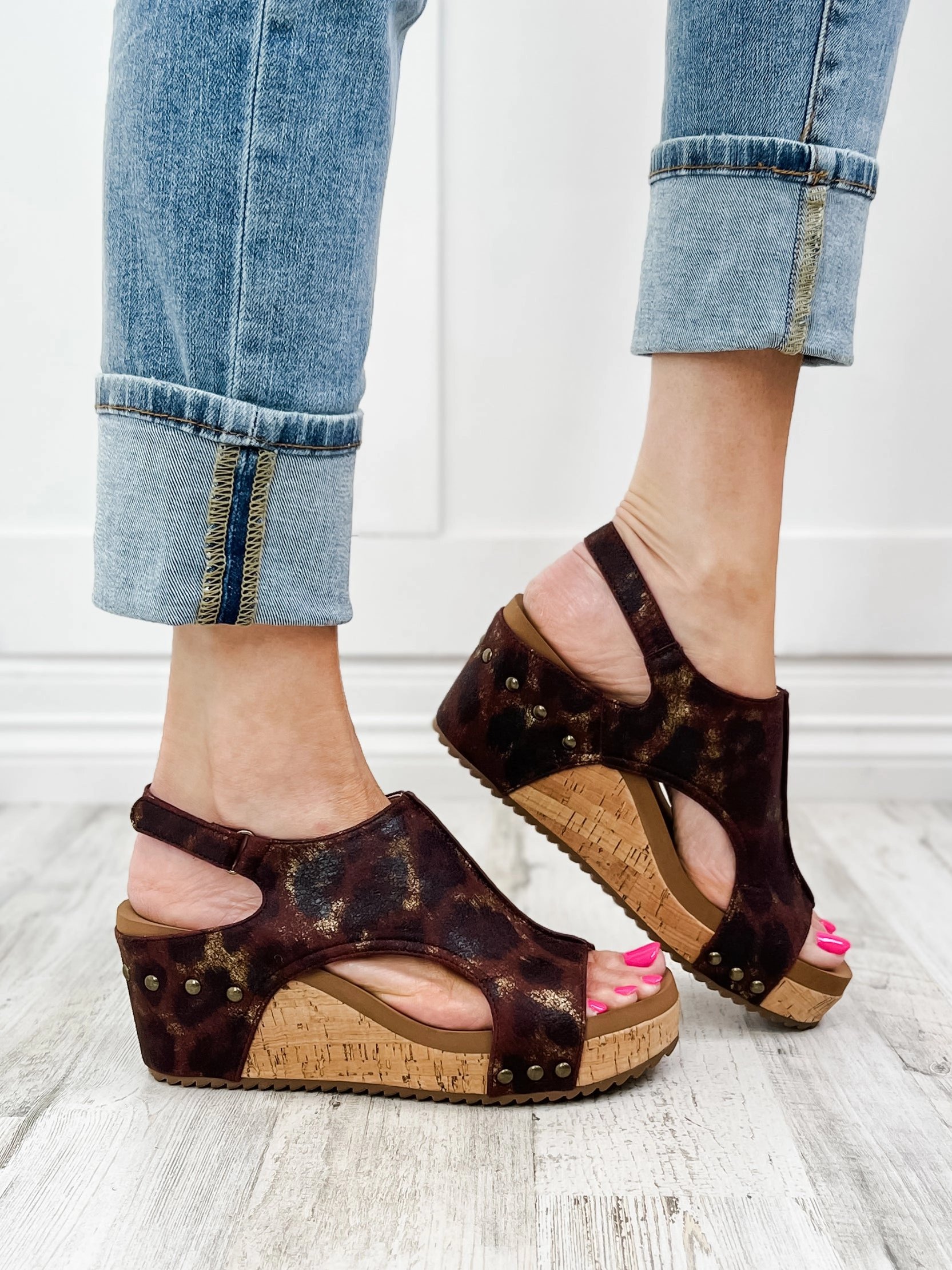 Corkys Carley Washed Tan Leopard Wedge Shoe