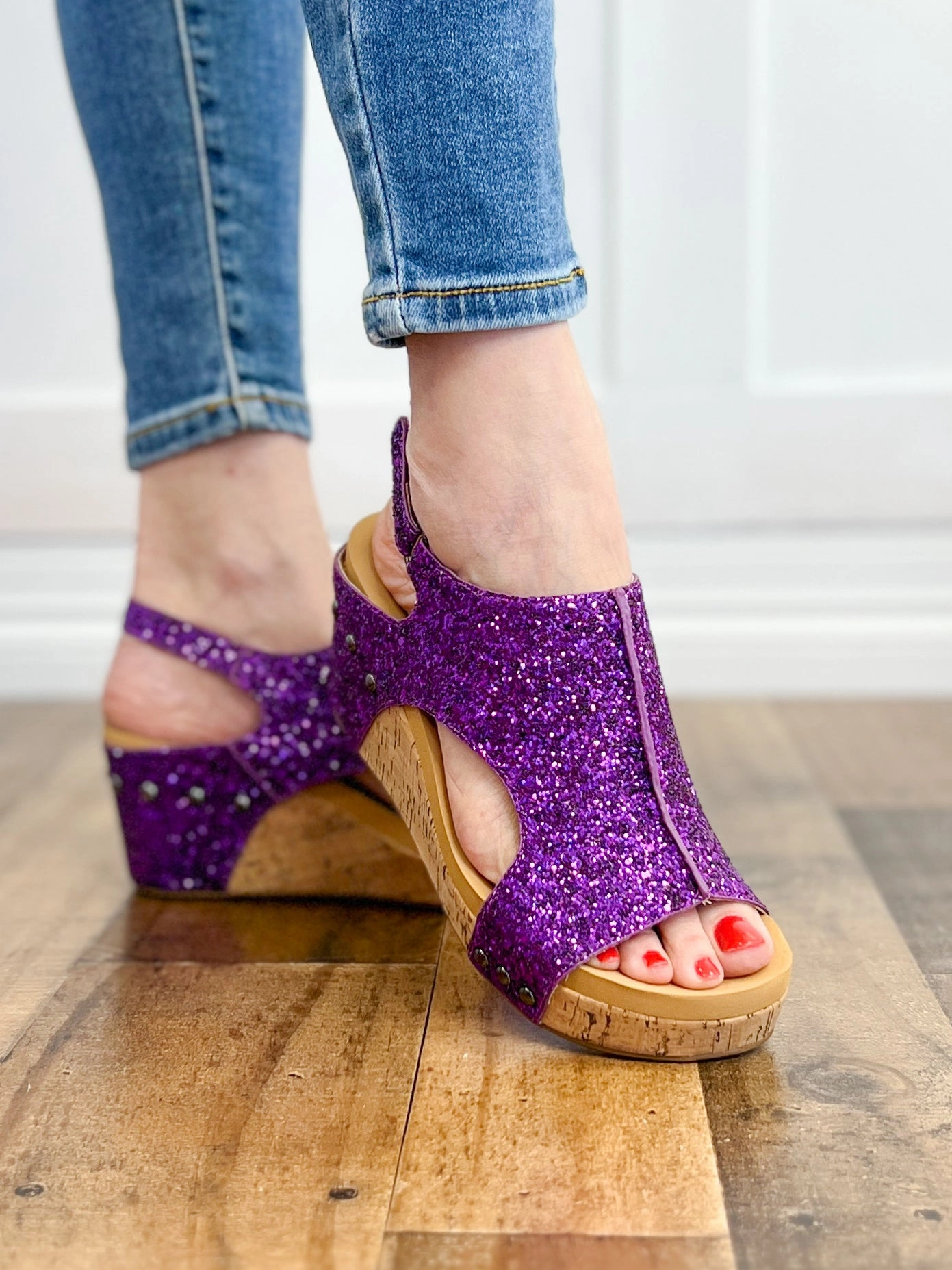 Corkys Carley Wedge Sandals in Purple Glitter