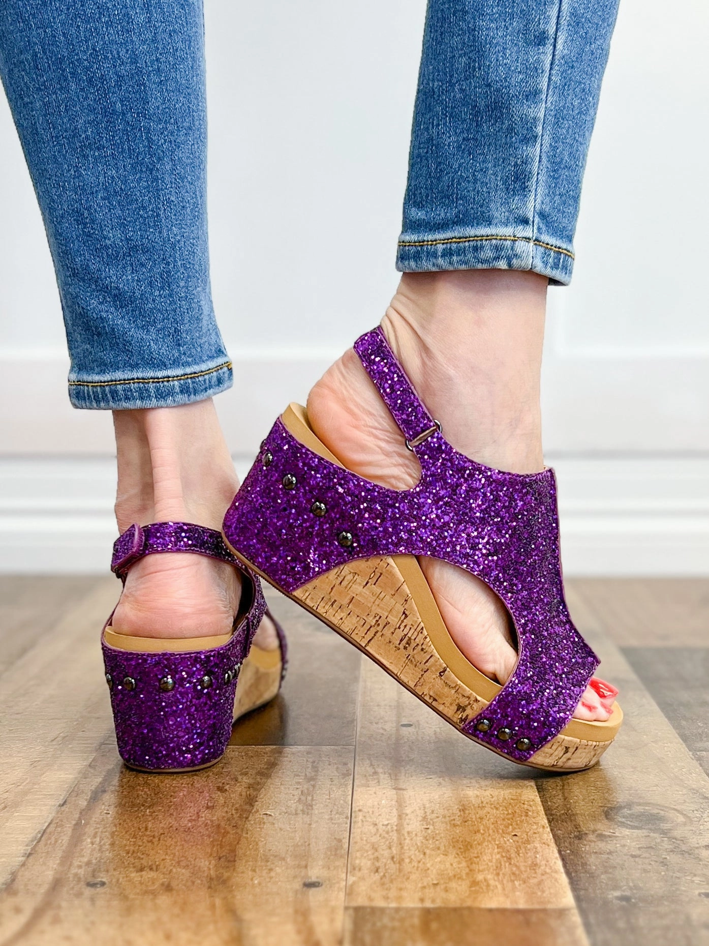 Corkys Carley Wedge Sandals in Purple Glitter