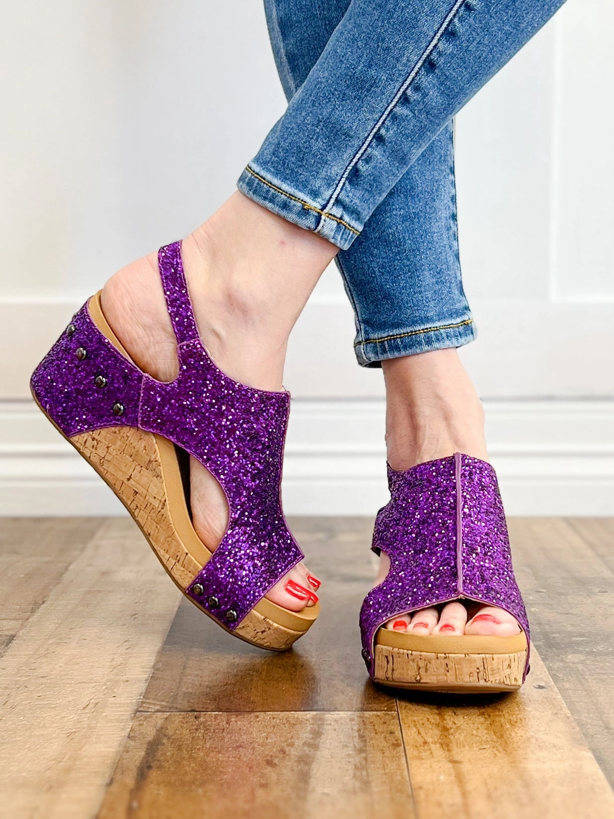 Corkys Carley Wedge Sandals in Purple Glitter