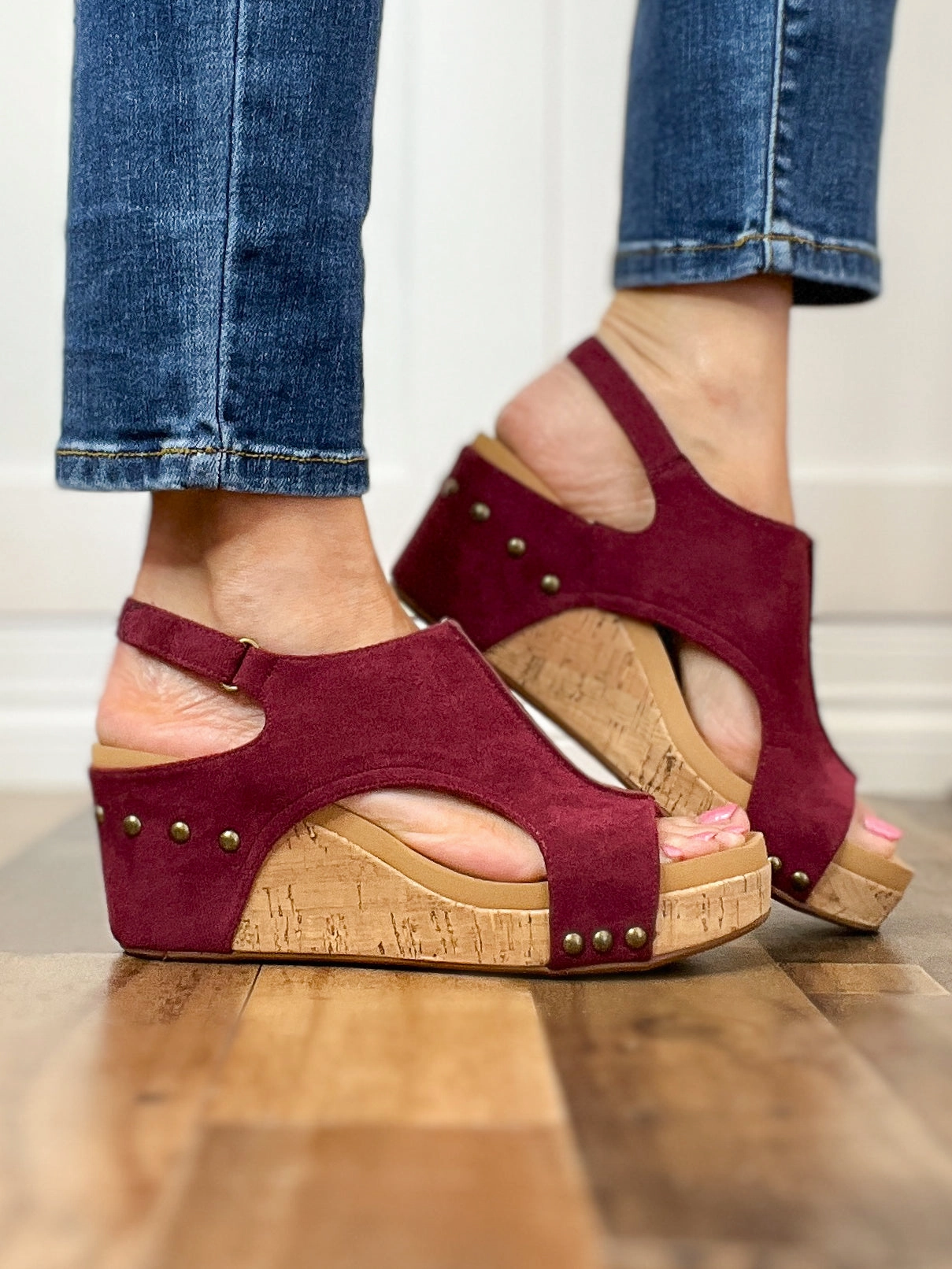 Corkys Carley Wedge Shoe Dark Red Suede