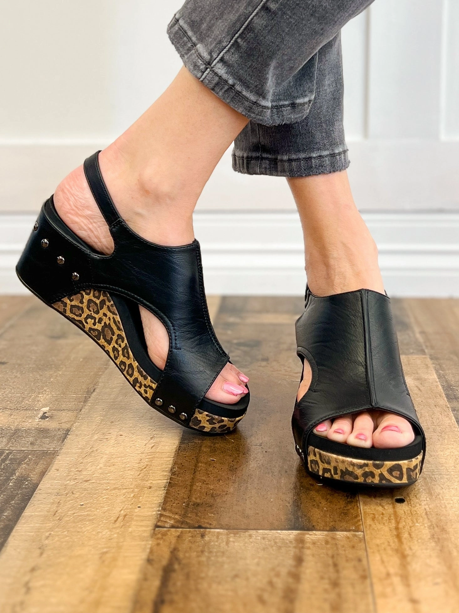 Corkys Carley Wedge Shoe in Black Smooth Leopard