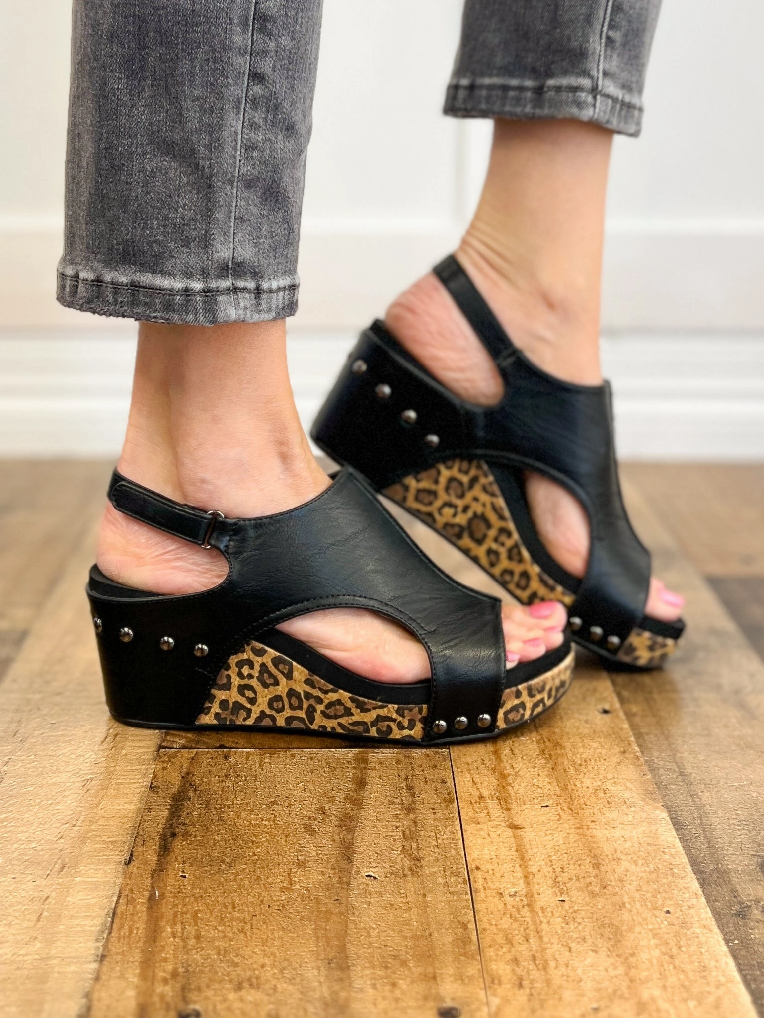 Corkys Carley Wedge Shoe in Black Smooth Leopard