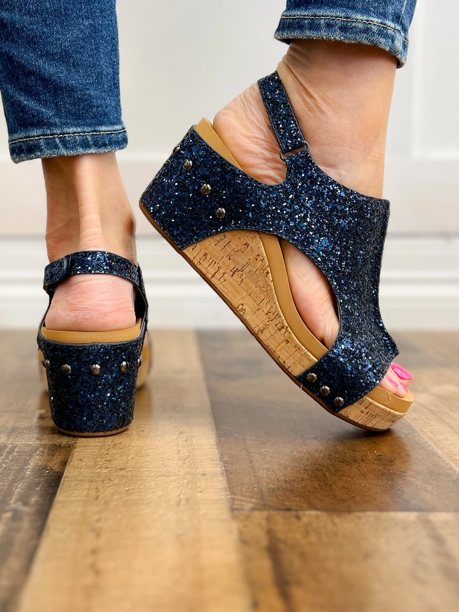 Corkys Carley Wedge Shoe Navy Glitter