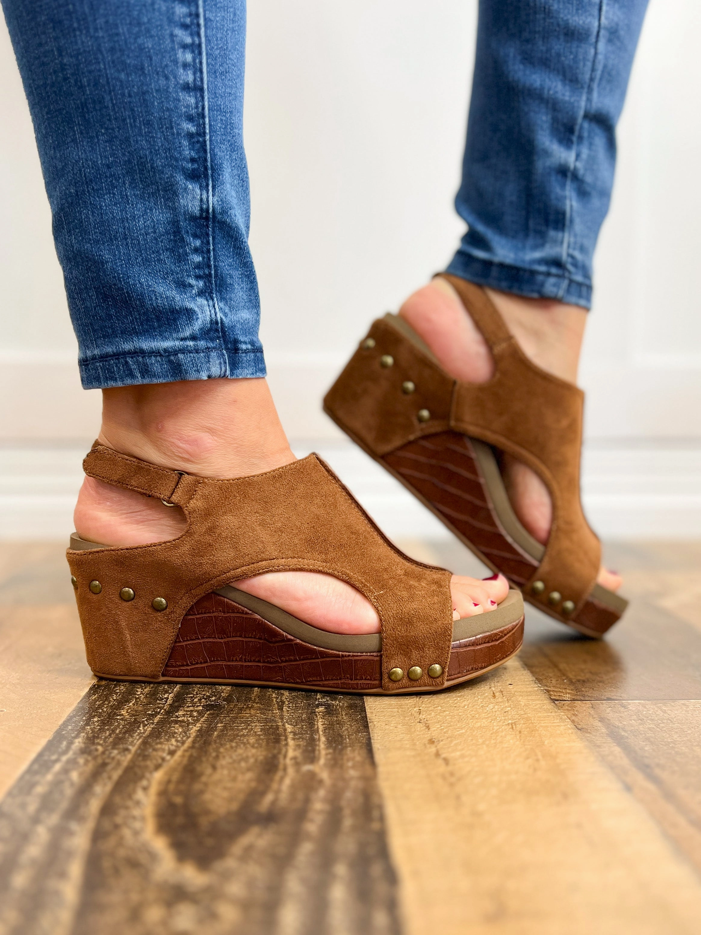 Corkys Carley Wedge Shoes in Brown Suede Croco