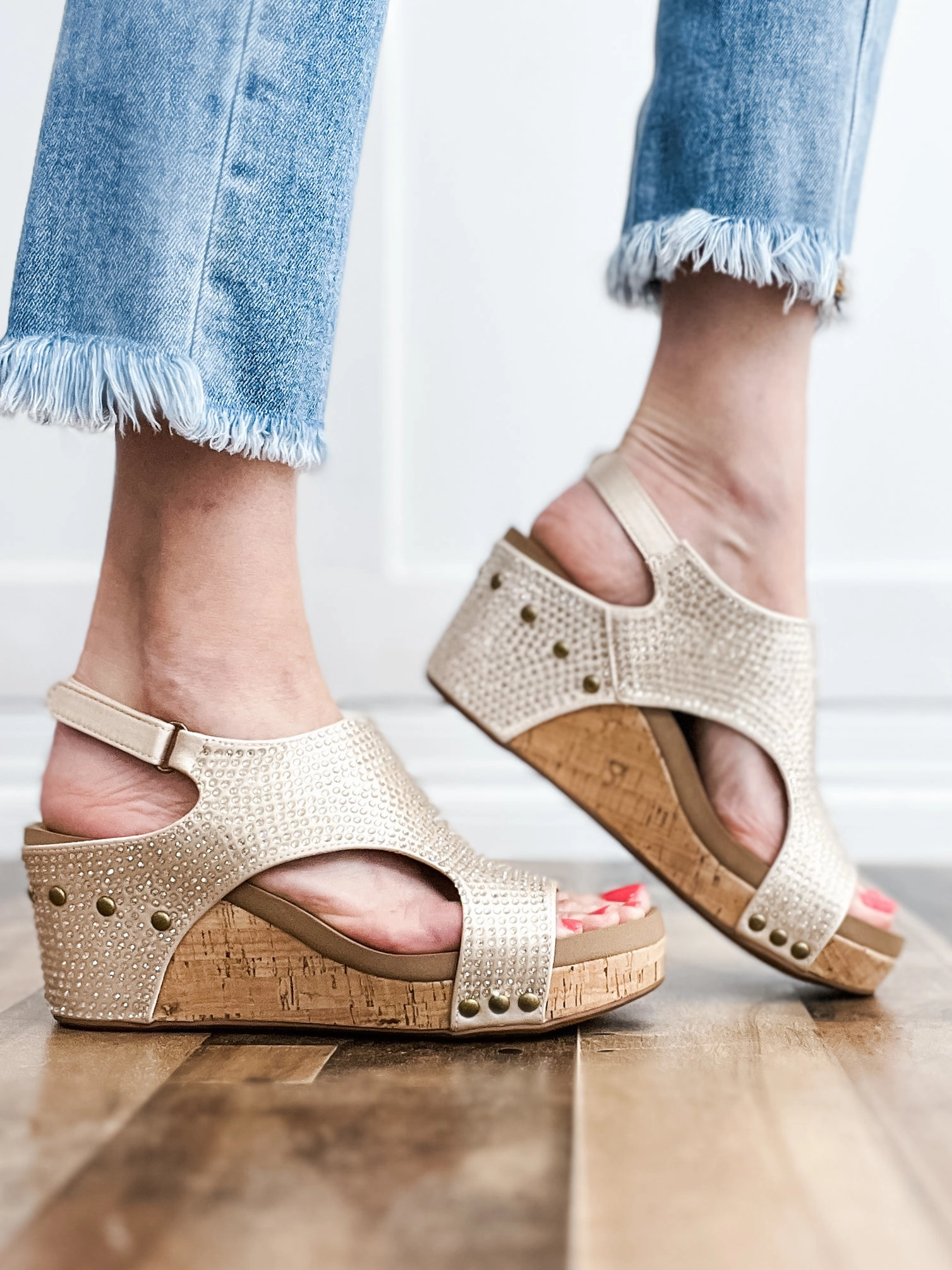 Corkys Carley Wedge Shoes in Champagne Crystals