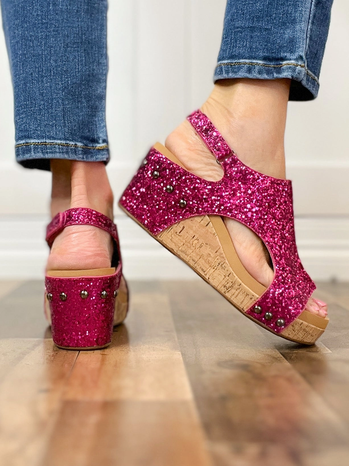 Corkys Carley Wedge Shoes in Fuchsia Glitter