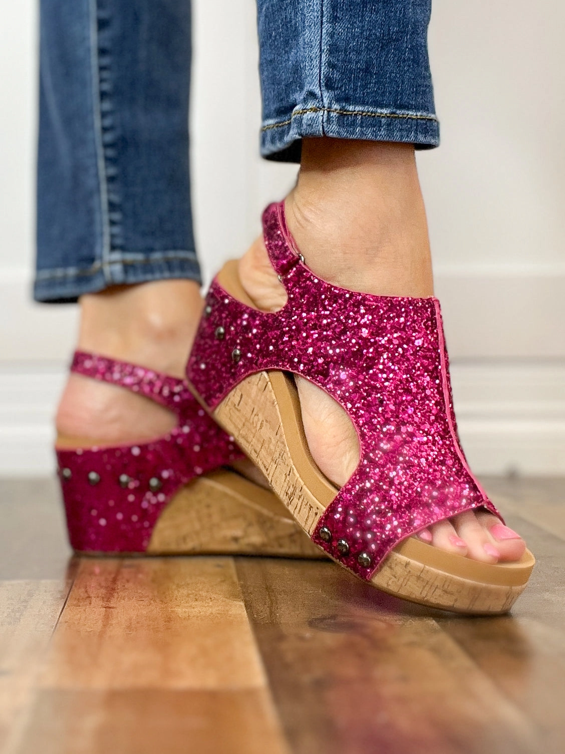 Corkys Carley Wedge Shoes in Fuchsia Glitter