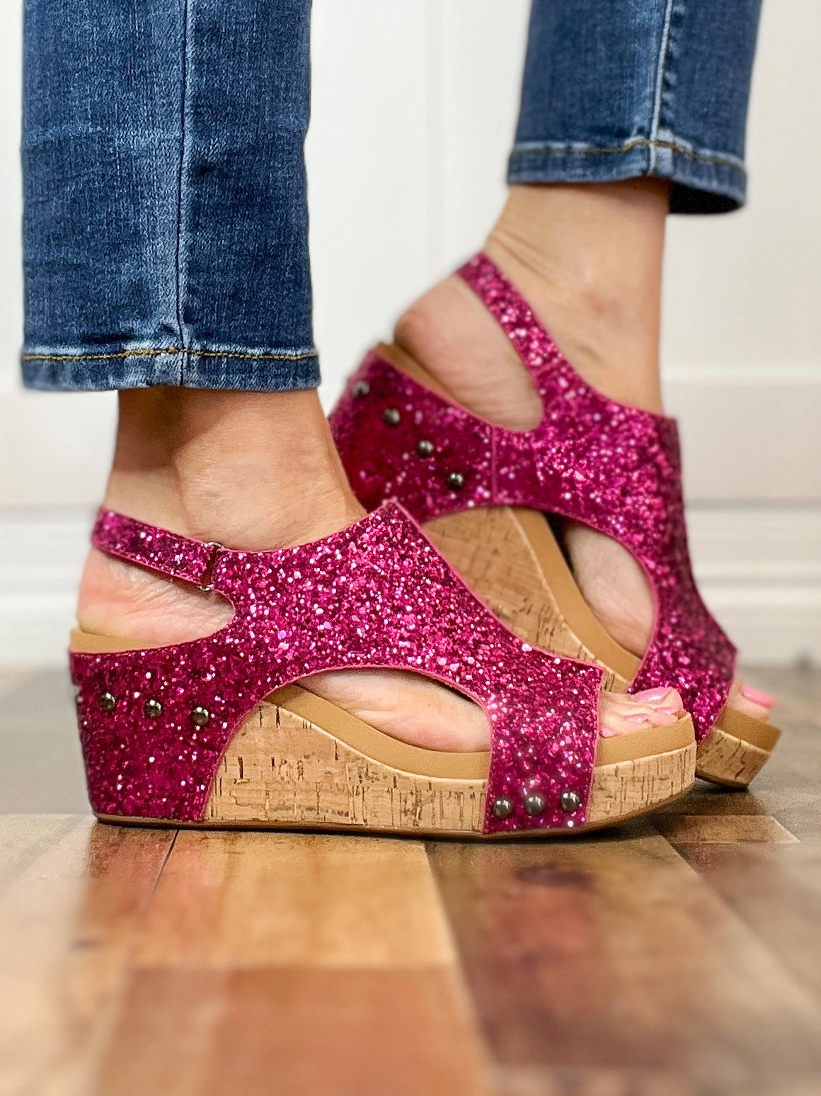 Corkys Carley Wedge Shoes in Fuchsia Glitter