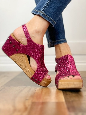 Corkys Carley Wedge Shoes in Fuchsia Glitter