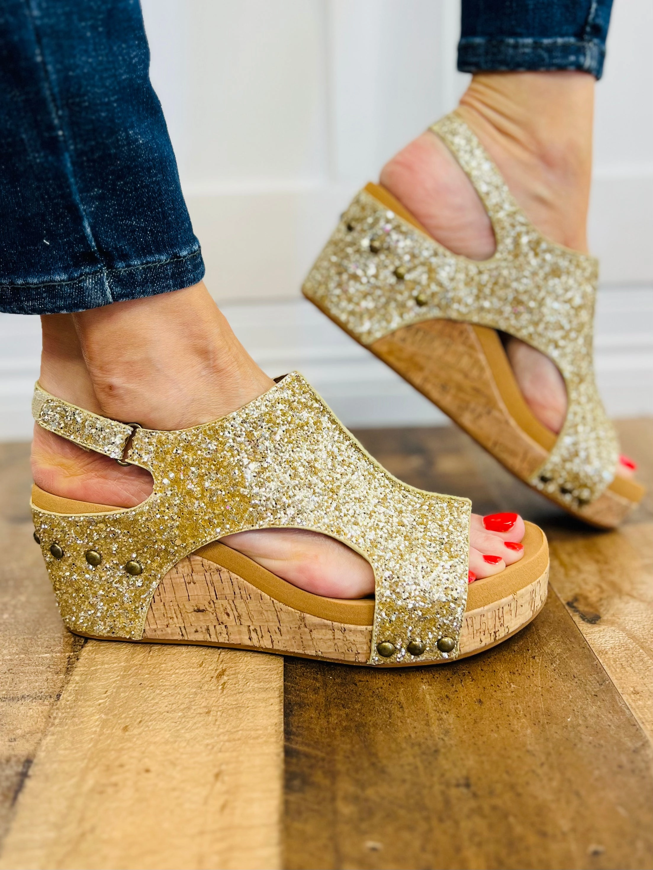 Corkys Carley Wedge Shoes in Glitter Sandal