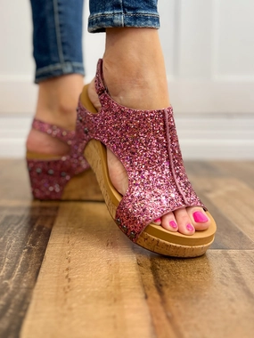 Corkys Carley Wedge Shoes in Mixed Berry Glitter