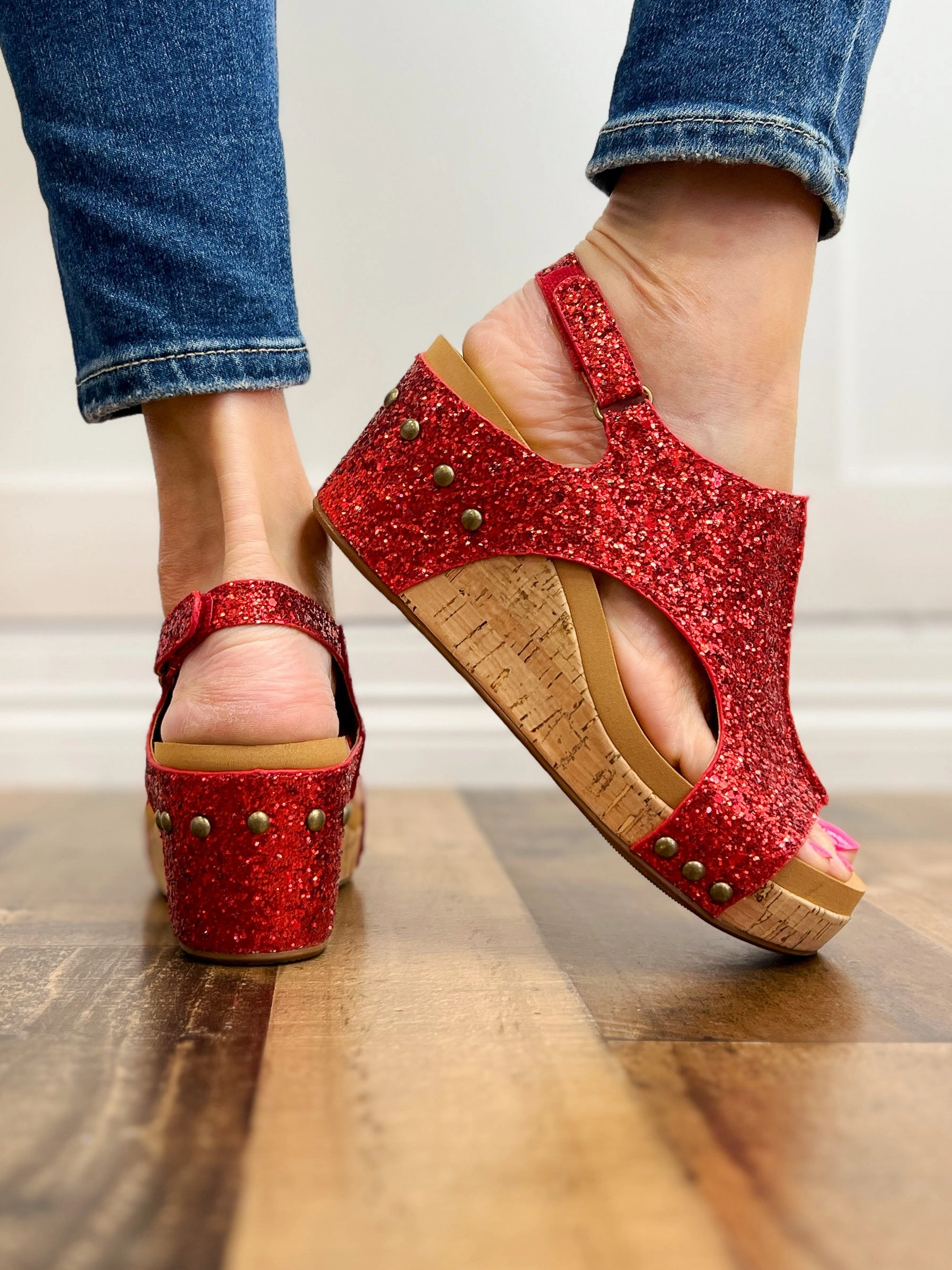 Corkys Carley Wedge Shoes in Red Glitter