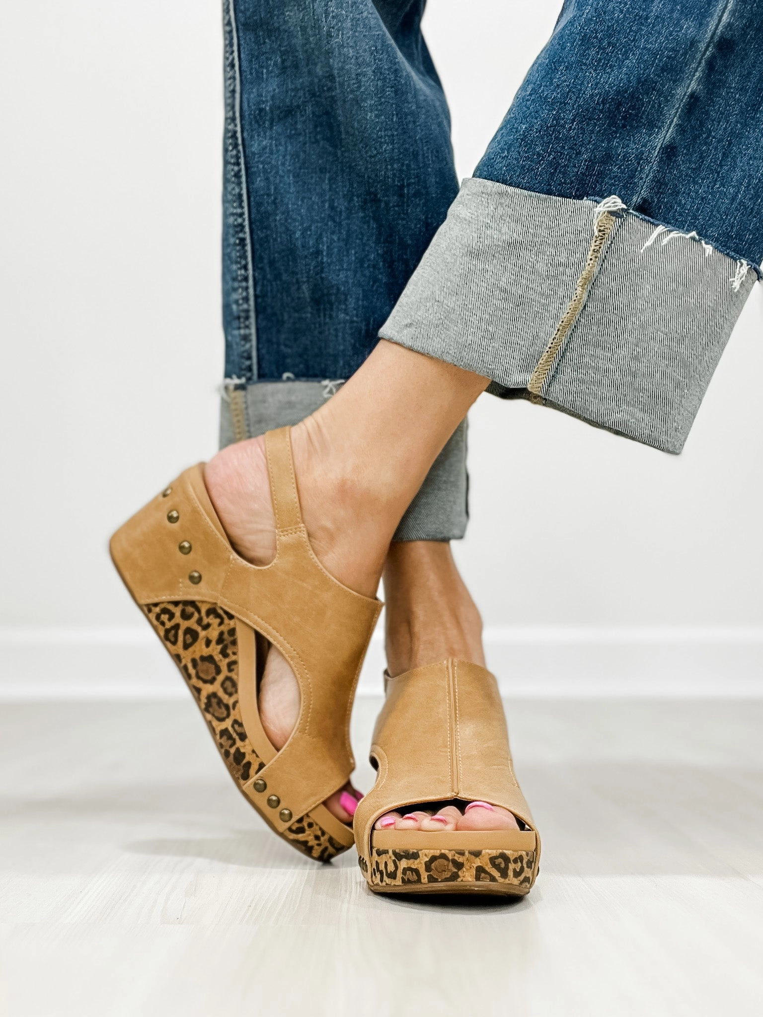 Corkys Carley Wedge Shoes in Taupe Smooth Leopard