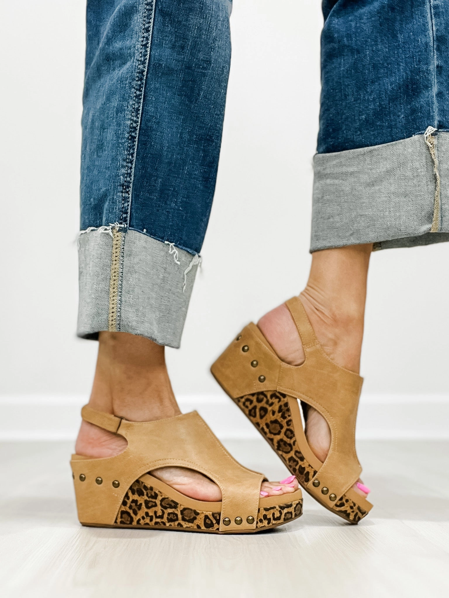 Corkys Carley Wedge Shoes in Taupe Smooth Leopard