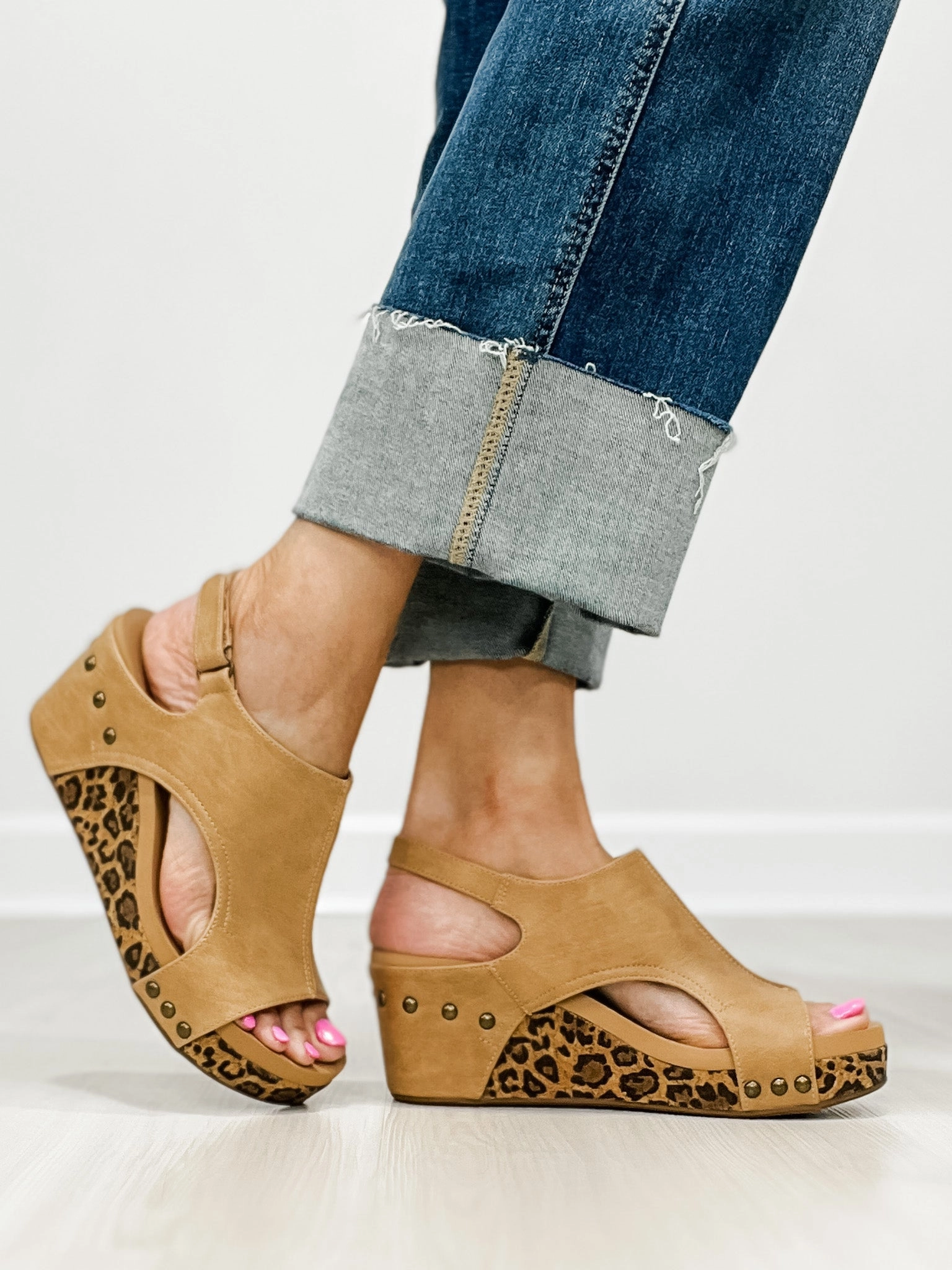 Corkys Carley Wedge Shoes in Taupe Smooth Leopard