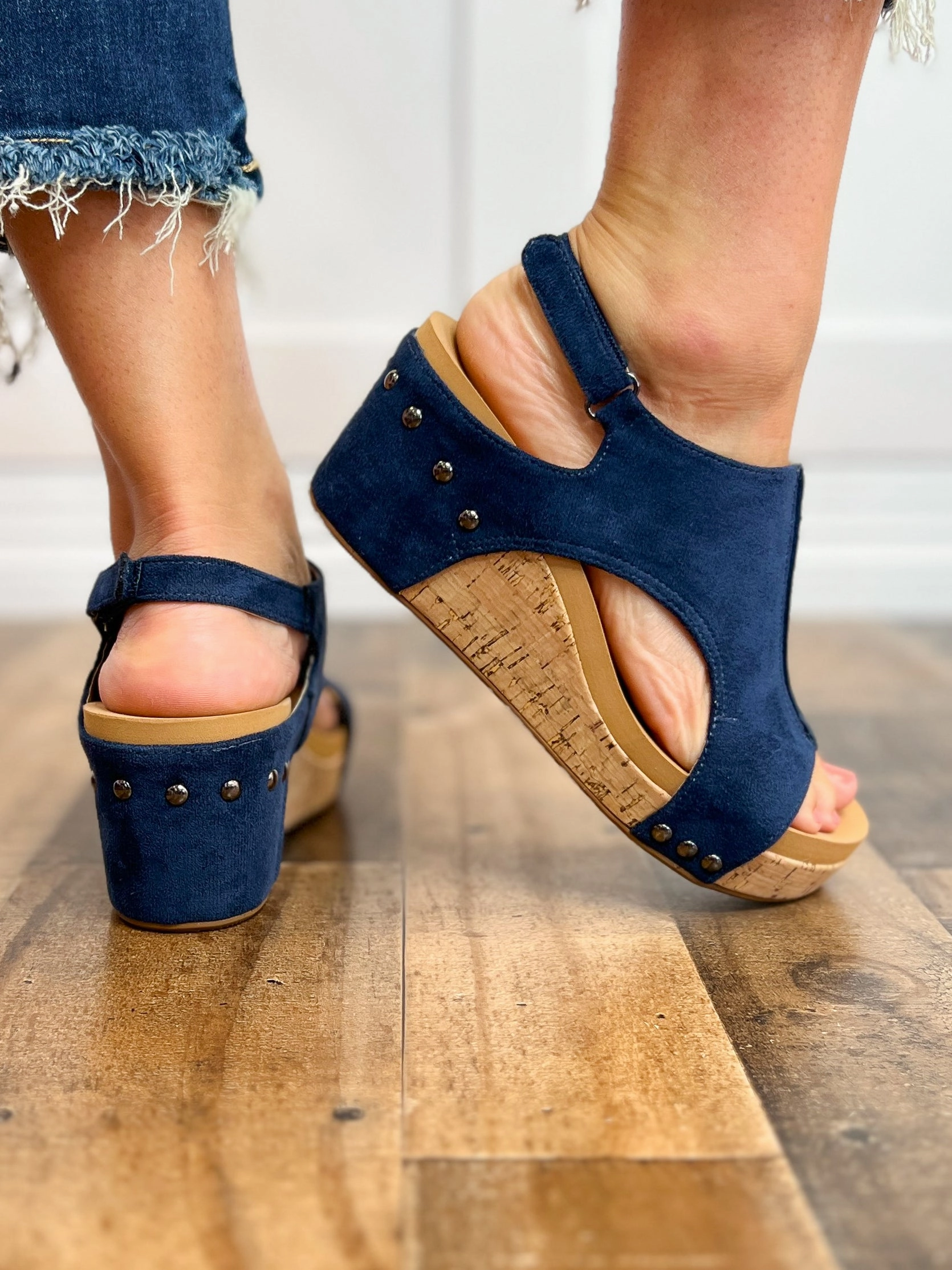 Corkys Carley Wedge Shoes Navy Suede