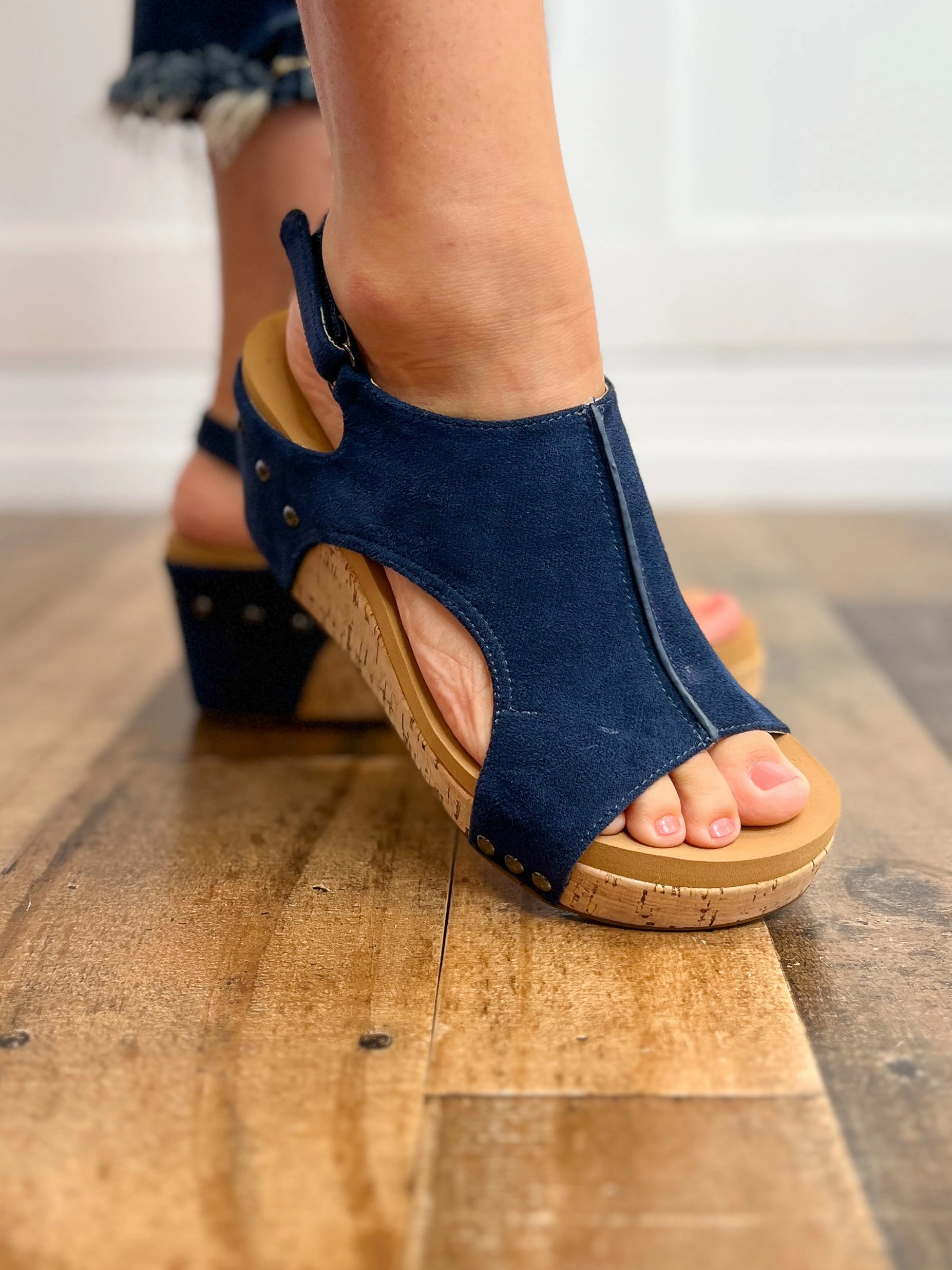 Corkys Carley Wedge Shoes Navy Suede