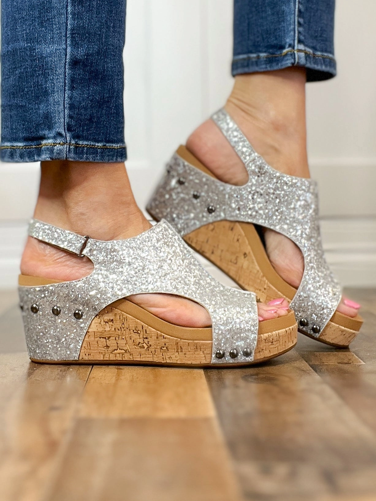 Corkys Carley Wedge Shoes Silver Glitter