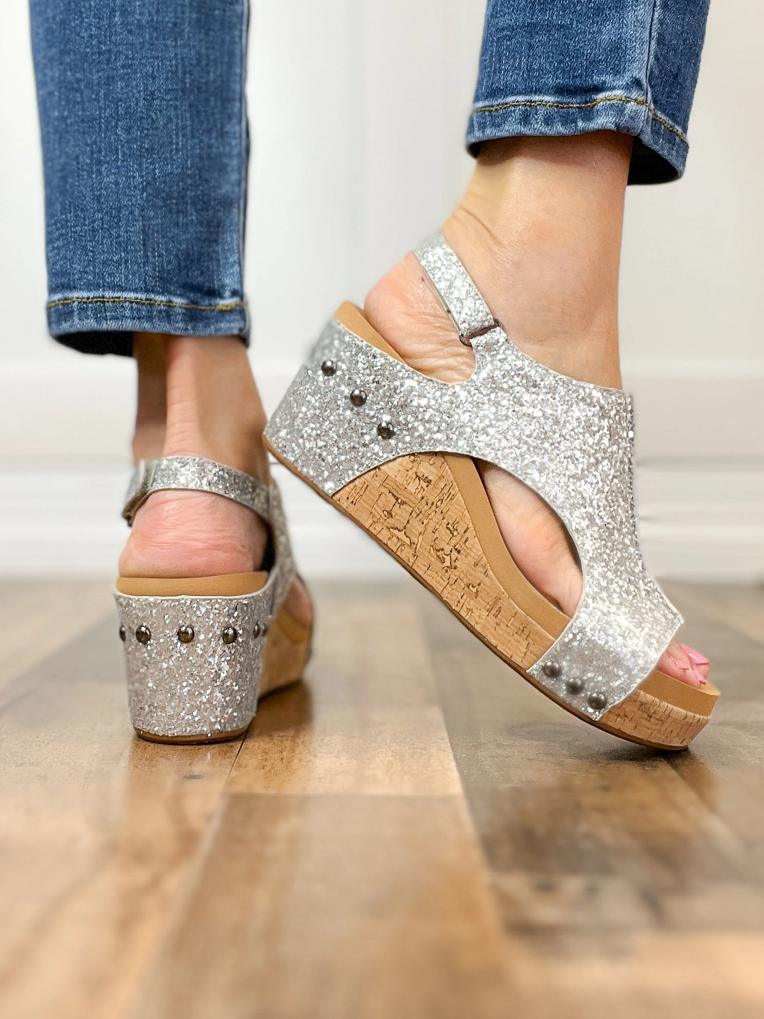 Corkys Carley Wedge Shoes Silver Glitter