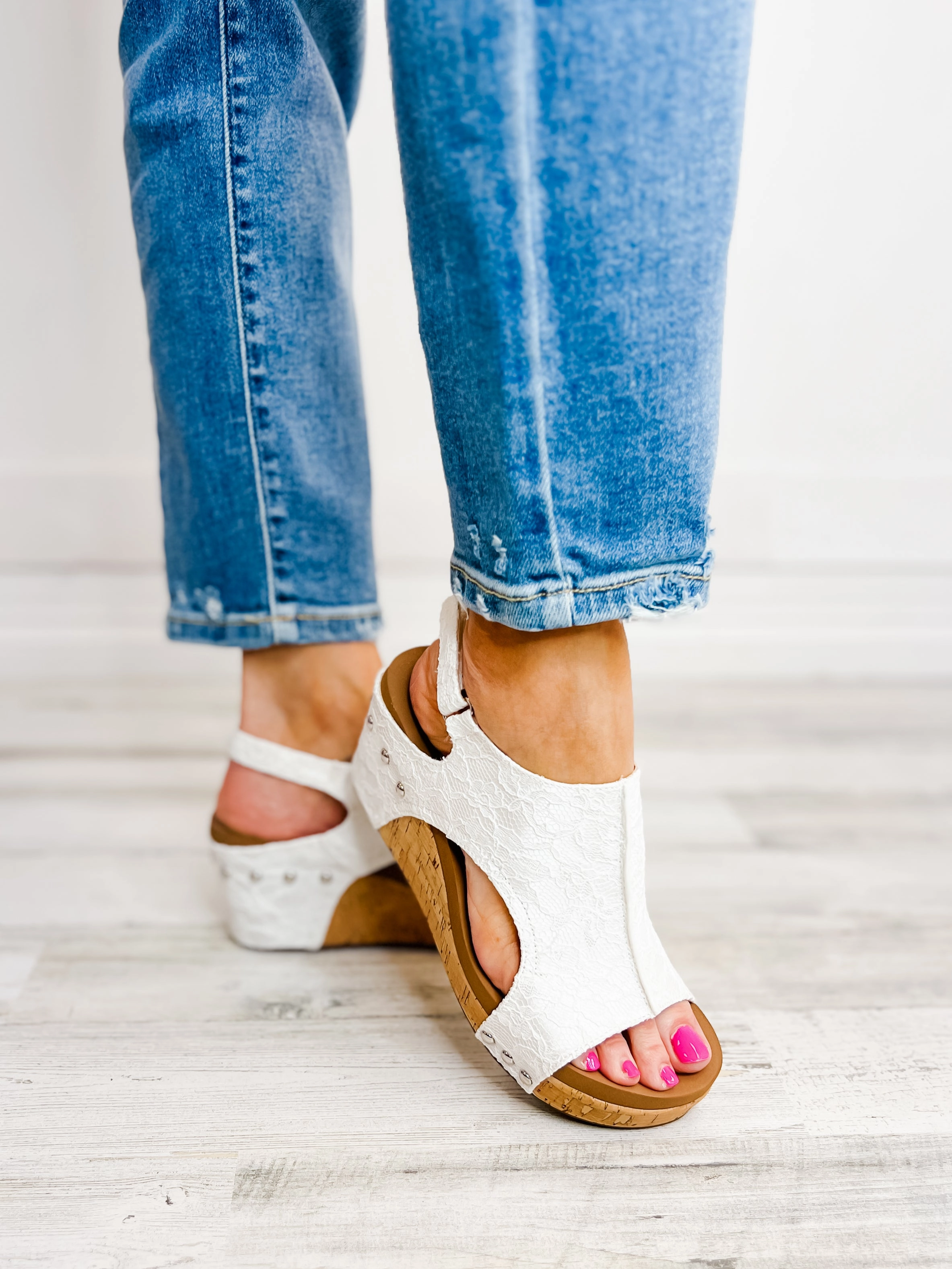 Corkys Carley White Lace Wedge Shoe