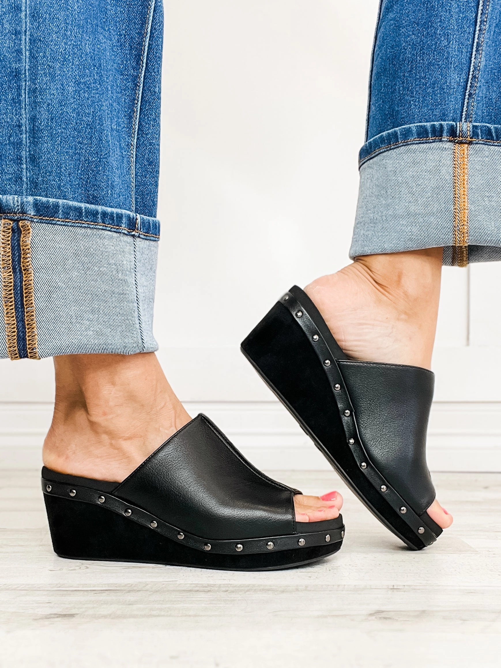 Corkys Hissy Fit Open Toe Cork Wedges in Black Smooth