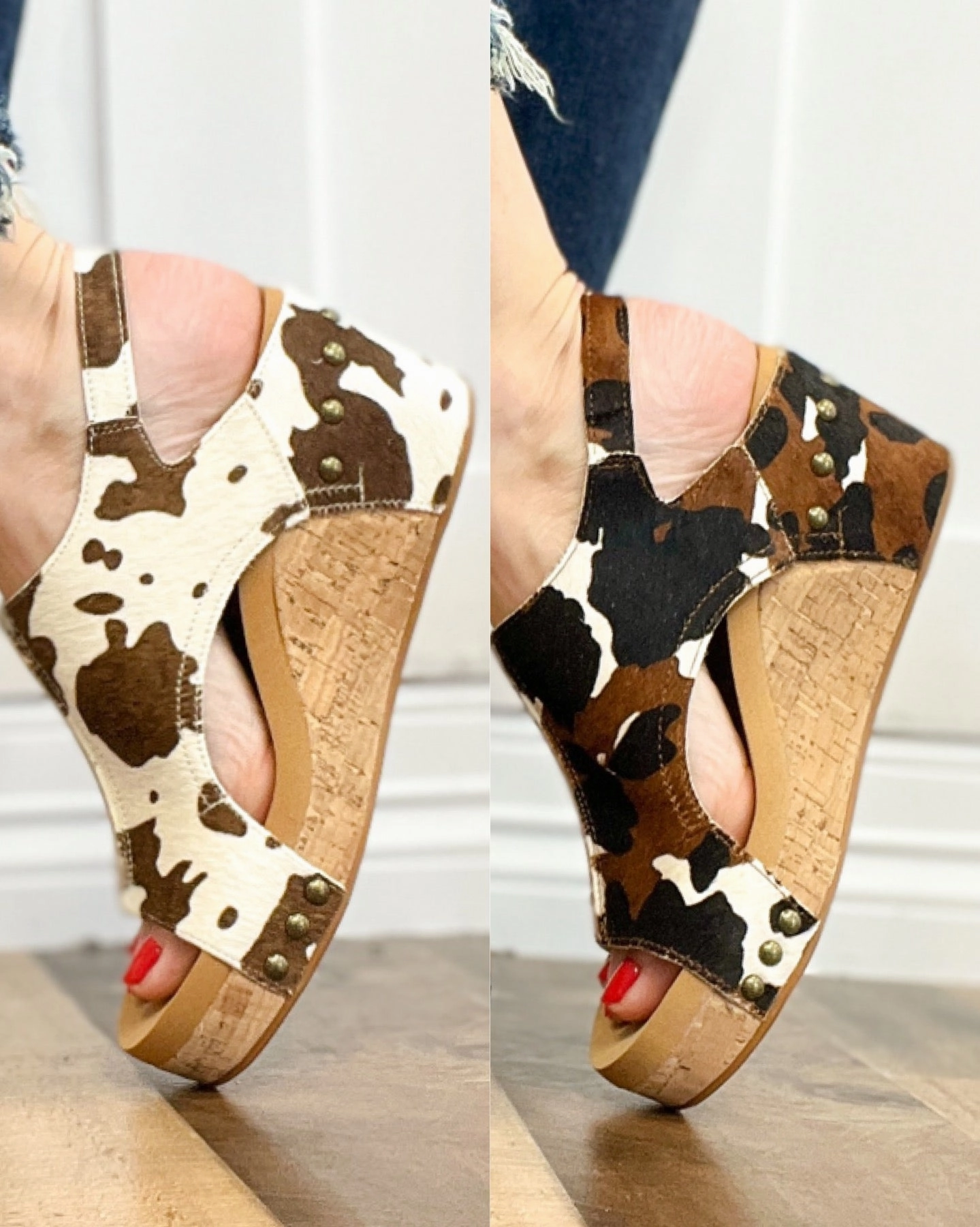 Corkys Pasture Wedge Sandals in Cow Print