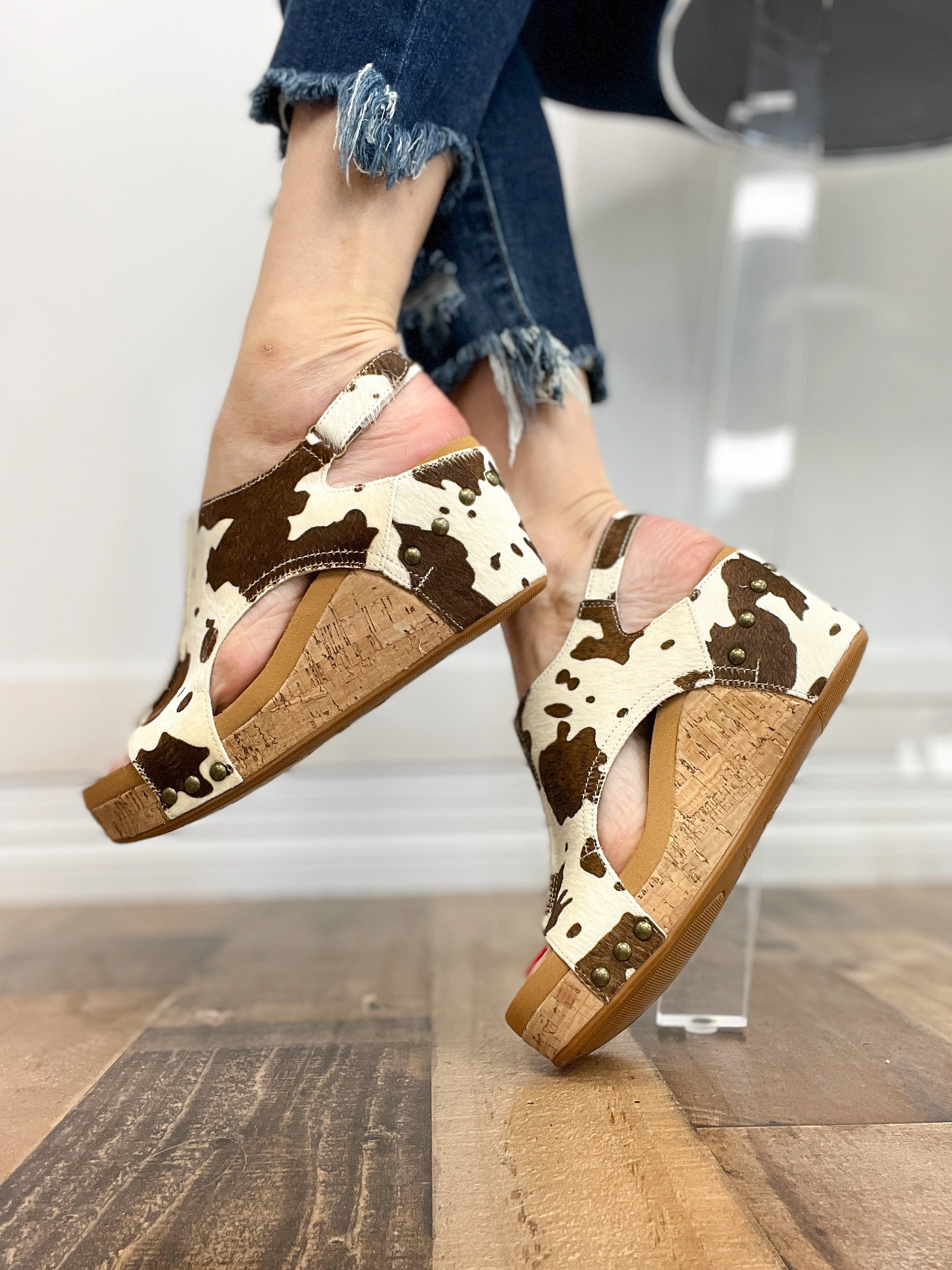 Corkys Pasture Wedge Sandals in Cow Print